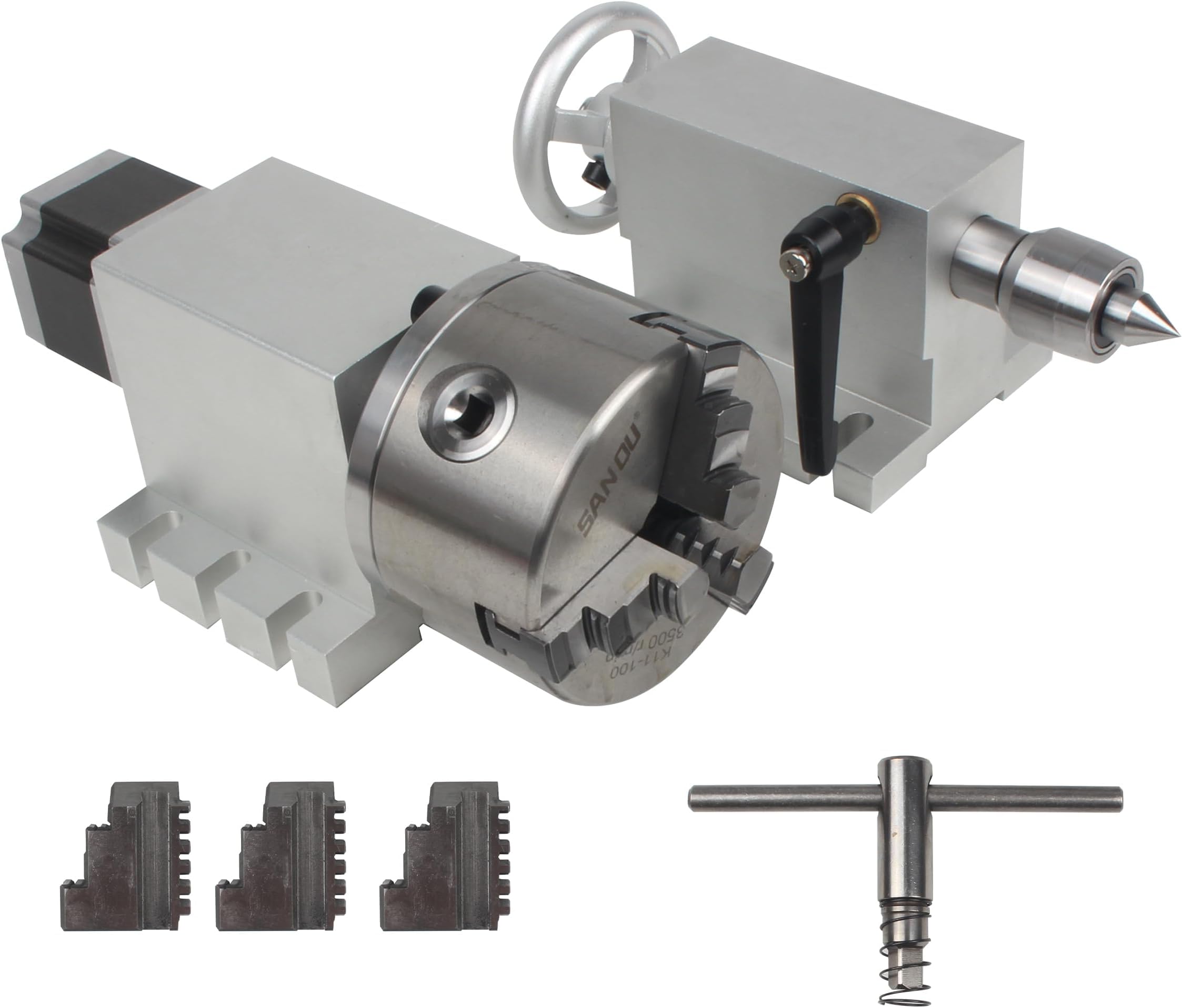 CNC Router 4th Axis Rotation A axis,Engraving Milling Machine Rotary Table 3 Jaw 100mm Chuck Dividing Head,Gapless Harmonic Reducer Gearbox Ratio 100:1 w/ 65mm Tailstock