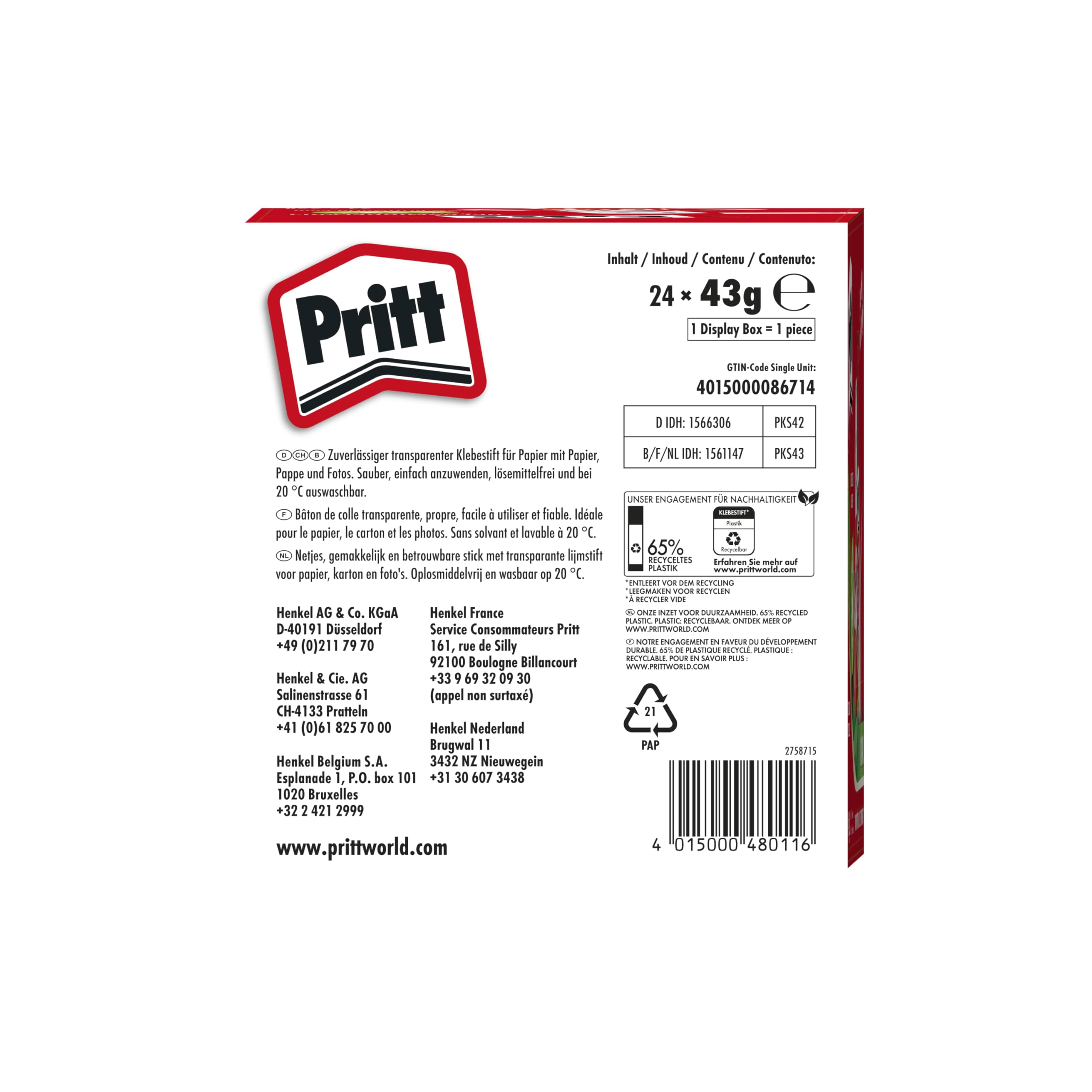 Pritt PKS42 - Scatola di colla stick con 24 stick di colla, originale, 43 g