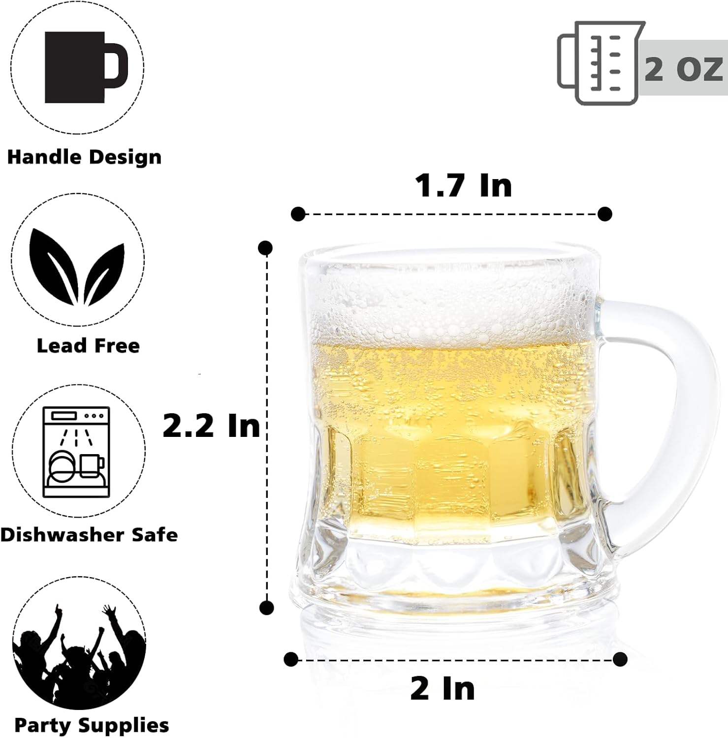 Mini Beer Mugs, Set of 24, 2 Oz with Handles, Glass Mugs for Beer, Whiskey, Tequila, Vodka