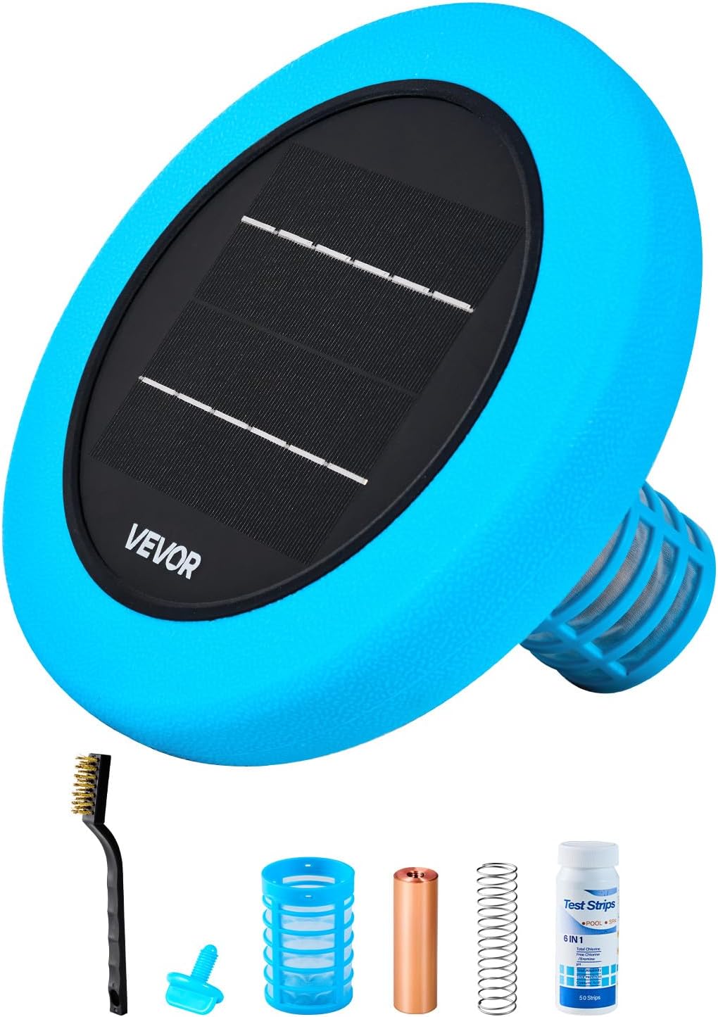 VEVOR Solar Pool Ionizer, for Pools Up to 45000 Gal, Round Copper Pool Ionizer, Floating Automatic Water Cleaner and Purifier, Chlorine-Free Water, with Copper Anode, Spring, Brush and Filter for Spa
