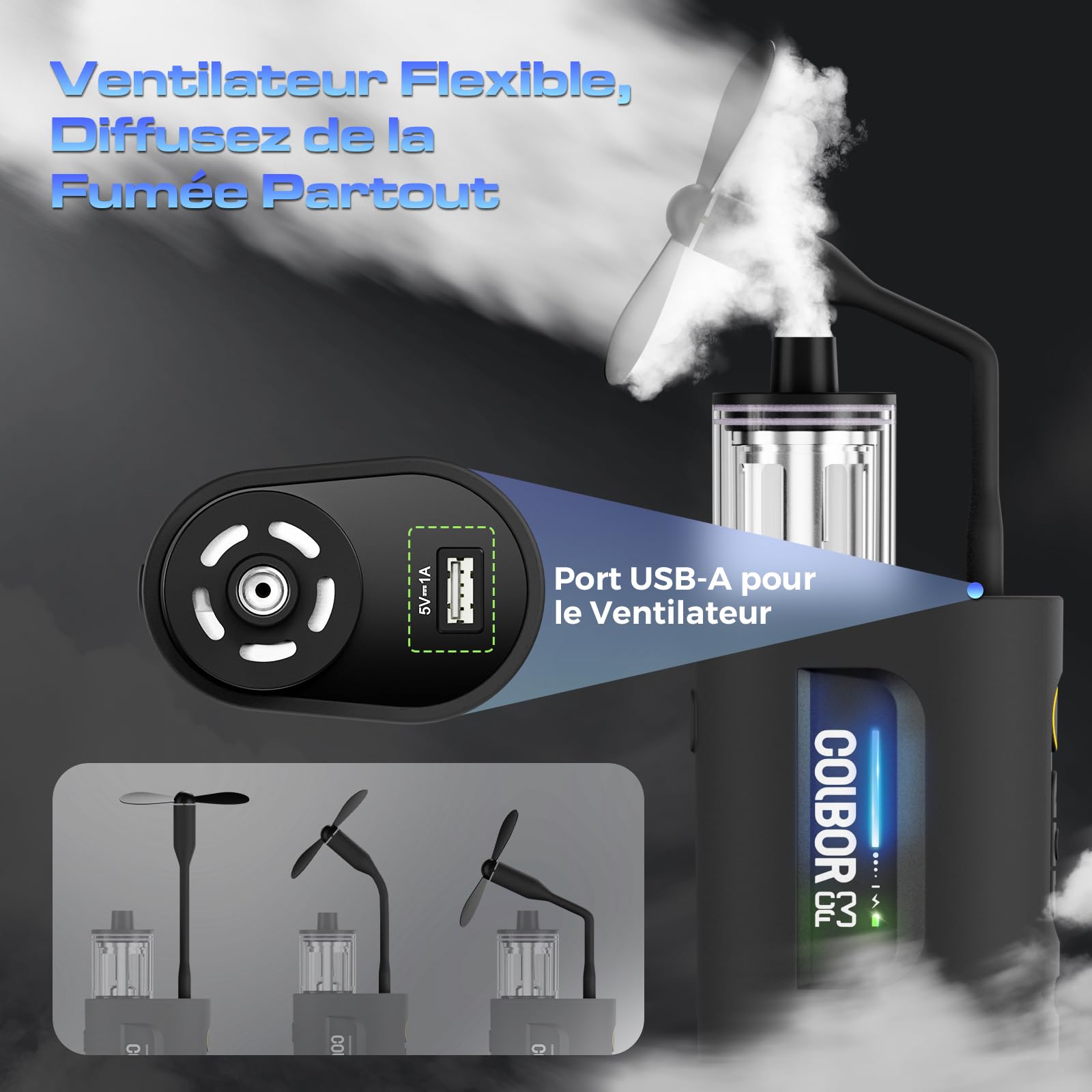 COLBOR CF3 Machine à Fumée Portable pour Photo et Vidéo avec Télécommande | 5 Niveaux d'intensité Réglables, Ventilateur USB inclus pour Diffuser Rapidement la Fumée, Idéal pour Portraits et Cosplay