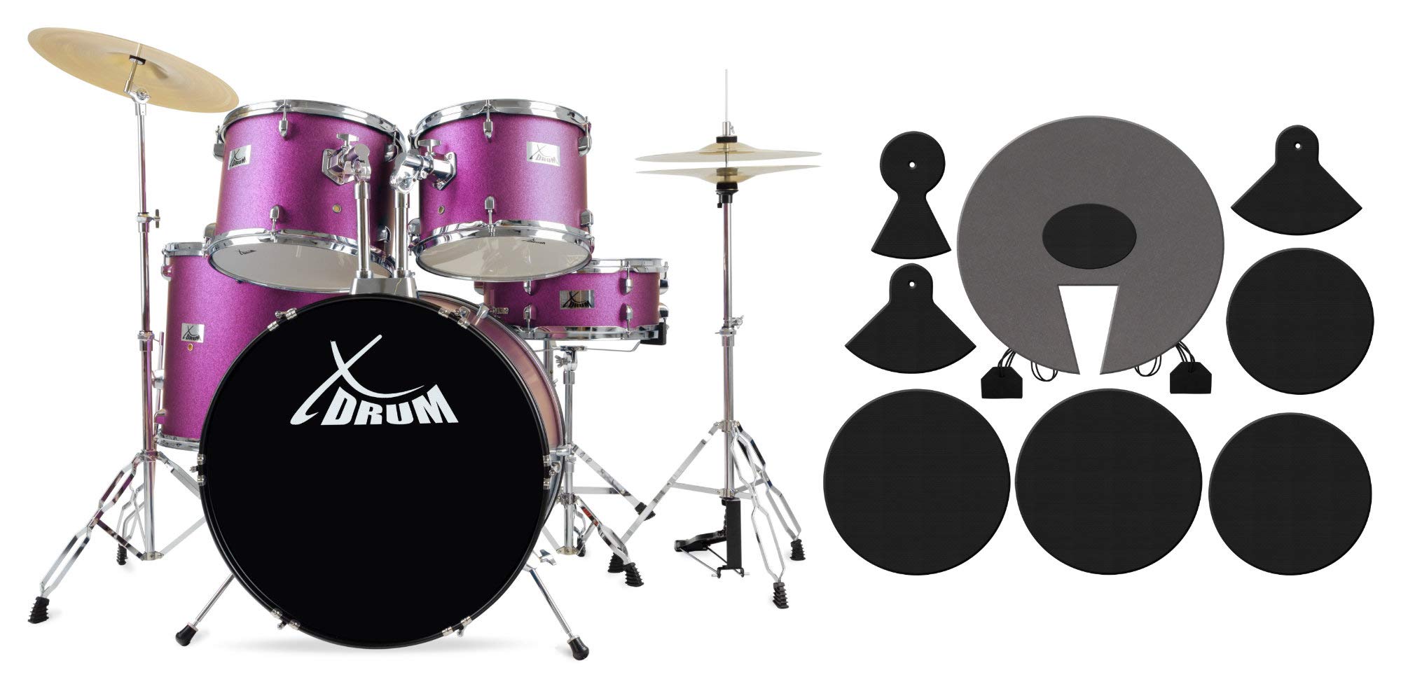 XDrum Semi 22" Standard Batteria Satin Purple Sparkle Set + Smorzatori | Fusti in pioppo acusticamente pregiato con pellicola speciale, Hardware a doppia asta in 5 pezzi, Dimensioni fusti: 22" BD