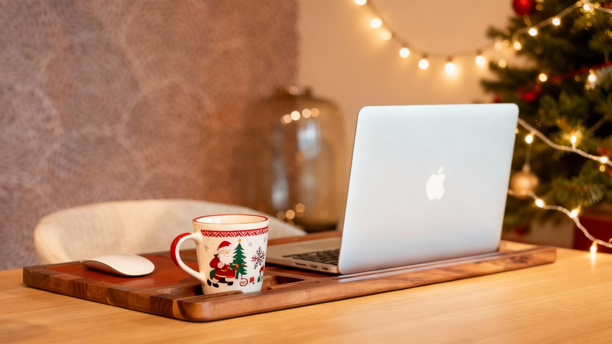 lula Tappetino per laptop in legno di acacia – con grande tappetino per mouse in pelle e pratico supporto per notebook, tablet e telefono; tavolo portatile per laptop in casa o come tavolo da letto a