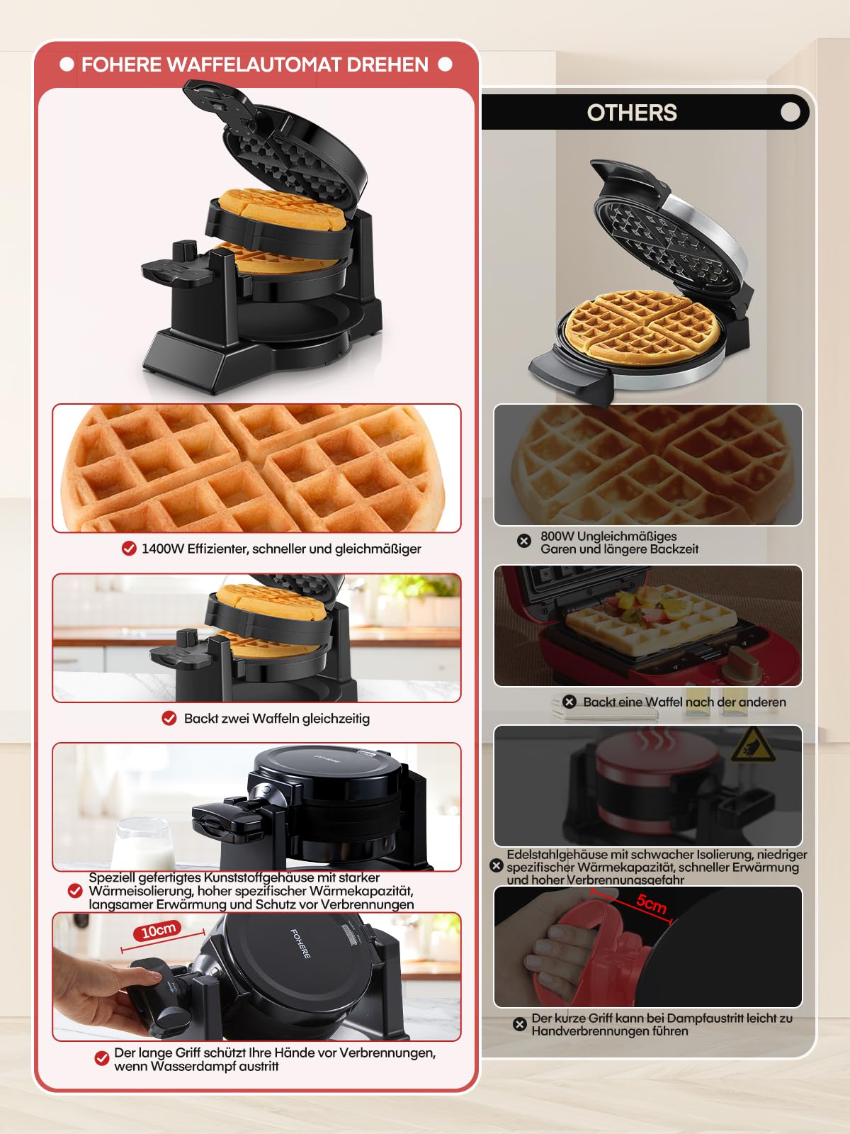 Waffeleisen 1400W Doppeltes Belgisches Waffeleisen 180° Drehung, 8 Scheiben in 3 Min., Antihaft-Platten, Anti-Verbrennungsschutz, Abnehmbare Auffangschale Einfach zu Reinigen, Waffle Maker