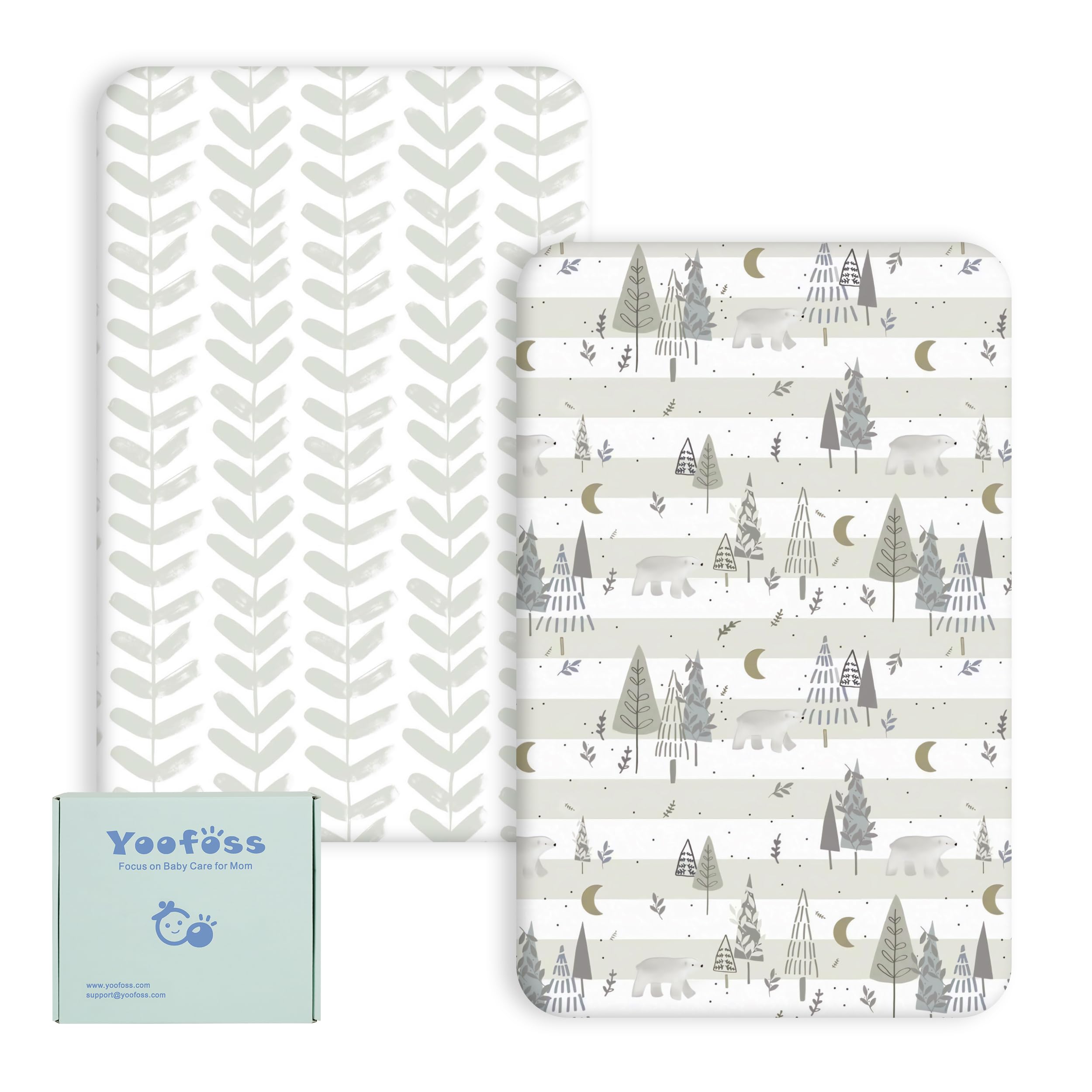 Yoofoss Travel Cot Sheets 95 x 65cm - Fitted, Cozy & Breathable Mattress Sheets - Elasticated 2 Pack Grey Forest