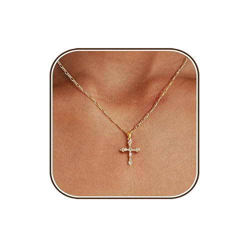 Cross Necklace for Women,14K Gold Plated Cross Pendant Necklace Jewelry | Dainty Gold Cross Charm Necklaces,Box Figaro Beads Chain,Non Tarnish Trendy Christian Faith Jewelry,Small Simple Cute Gifts