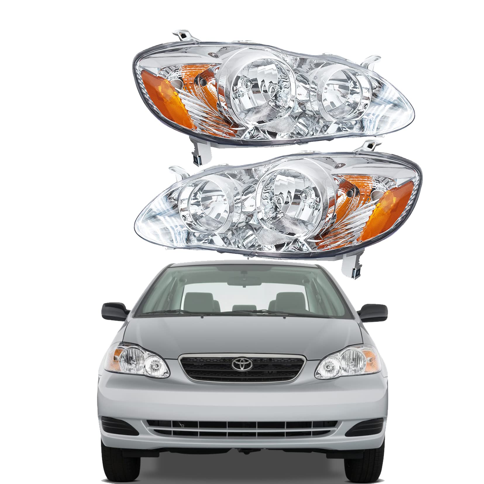SEBLAFFTO2502154, TO2503154 Headlight Assembly Left & Right Replacement for 2003 2004 2005 2006 2007 2008 Corolla Clear White Housing Amber