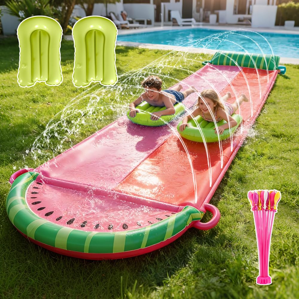 Slip and Slide Water Slide, WDKXCN 550*145cm/18.04*4.76ft Lawn Water Slides, Wa-ter Sli-de Mat Double Lane with 2 Bodyboards＆110 Wa-ter Balloons for Adults Backyard Summer Outdoor, W-atermelon Pattern