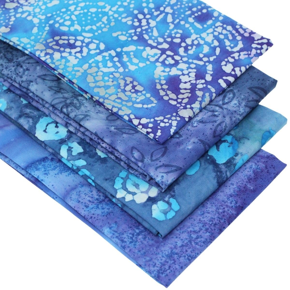 4 Fat Quarters Batik Bundle - 'Seychelles' Vibrant and Rich Batik Fabrics in Shades of Blue. Ideal for Quilting, Patchwork & Crafting. 100% Cotton (Free Patchwork Pattern by Overdale Fabrics)