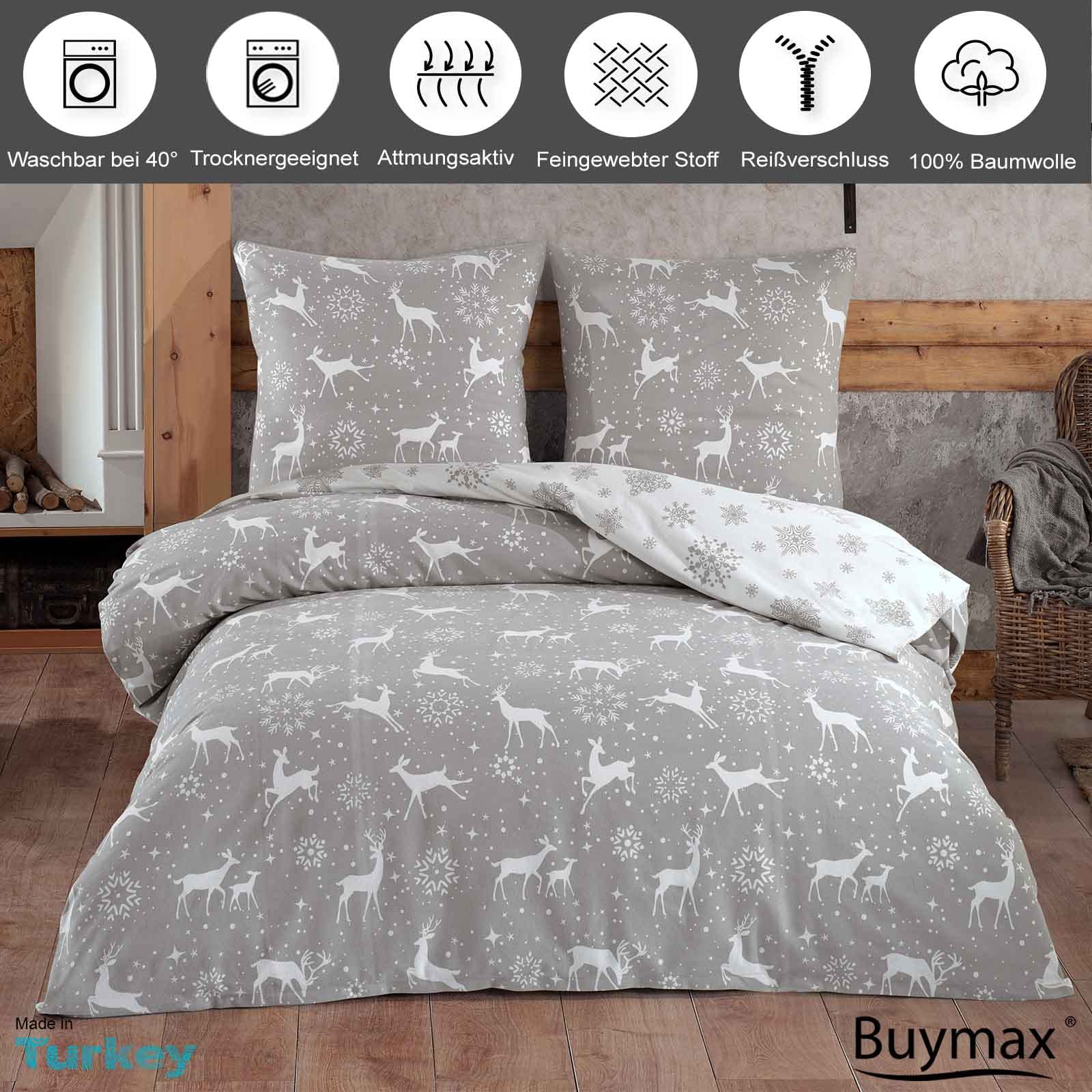 Biber Bettwäsche 135x200 cm Flauschige Winterbettwäsche 2 Teilig 100% Baumwolle mit Reißverschluss Bettwäsche-Set Kissenbezug 80x80cm, Wendebettwäsche Rentier Schneeflocke, Weiß Grau