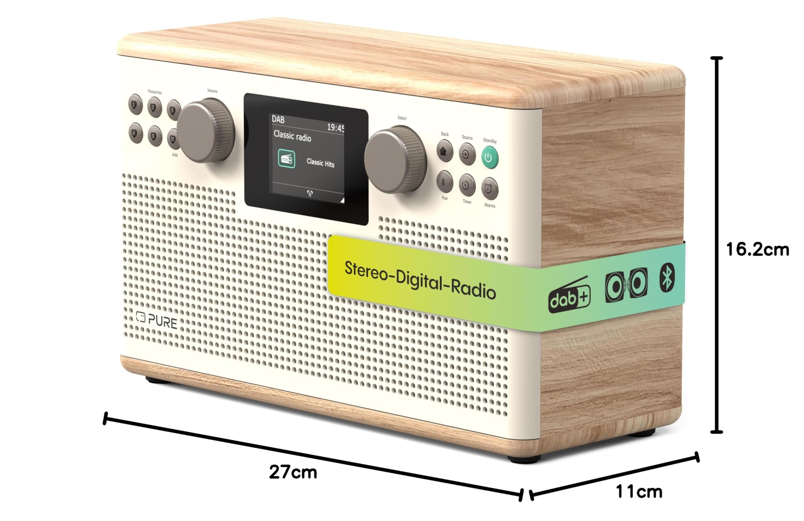 Pure Classic H6 Chaîne stéréo Hi-Fi et chaîne musicale avec radio DAB+ FM Bluetooth 5.3 USB?A & AUX 2,4" Télécommande couleur TFT double réveil, minuterie de sommeil et de cuisine 2 x 15 W 80 mémoires