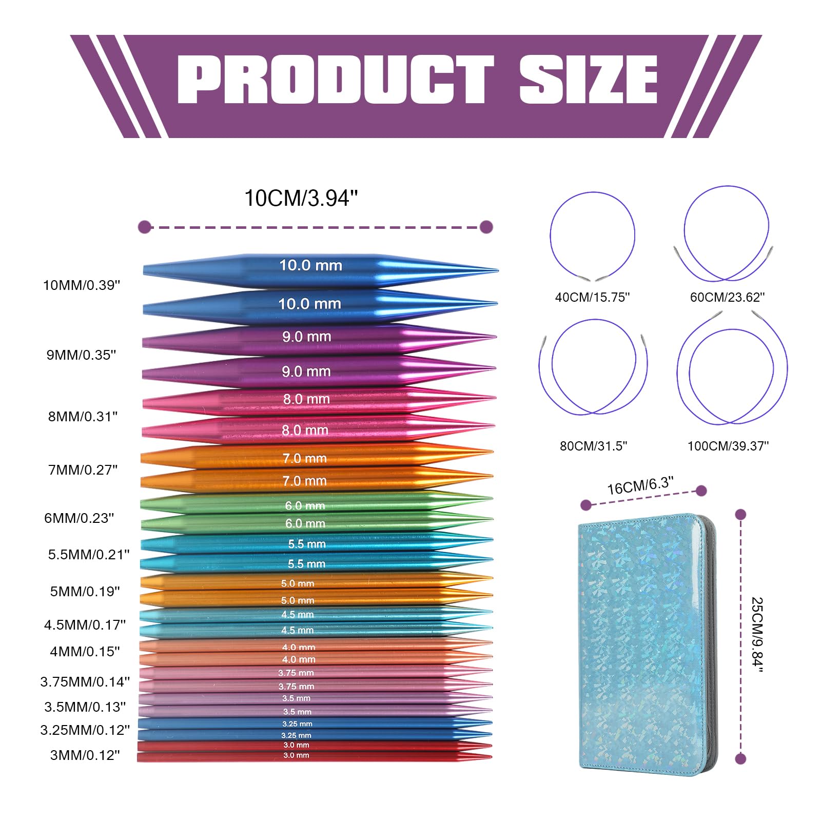 Juego de agujas circulares intercambiables con 13 pares de agujas de tejer de aluminio (10 cm) de grosor 3-8 mm, incluye cables, accesorios, bolsa (macaron)