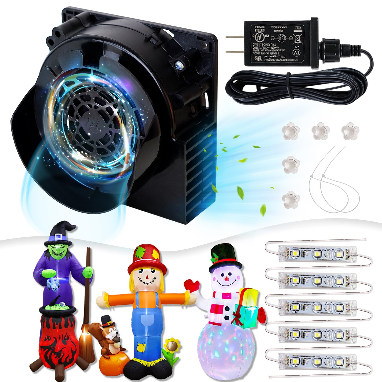 Replacement Blower for Inflatables, 1.2A Inflatable Motor Replacement with 12V 1.5A Adapter 5 LED Lights Strings Inflatable Fan for 5-10FT Easter Christmas Yard Inflatable Decorations