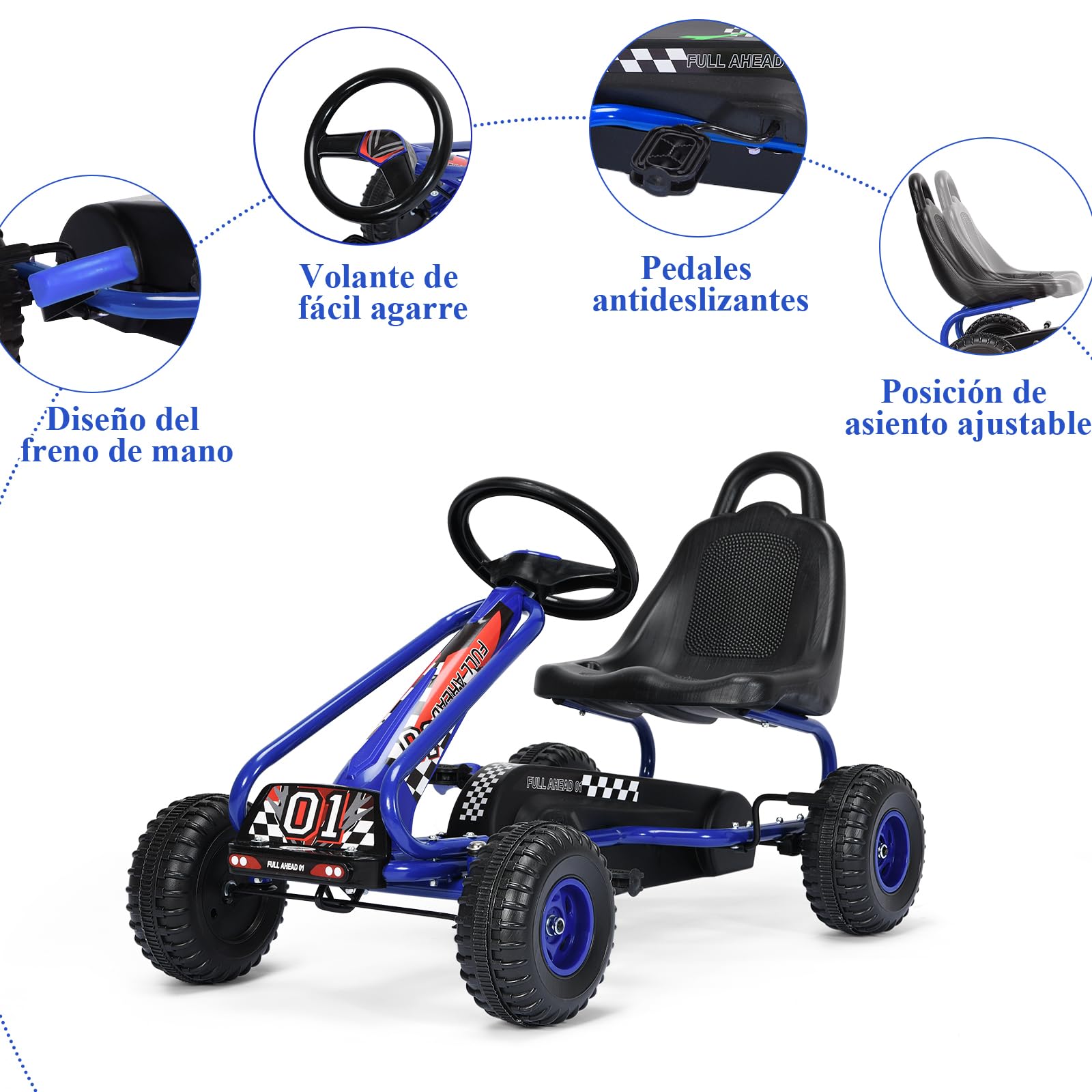 SOARS Kart Pedales para Niños de +3 Años, Kart con Asientos Regulable en 2 Posiciones y 4 Ruedas Antideslizantes, Marcha Adelante y Atrás, Kart con Freno de Mano, Carga Máxima 30kg (Azul)