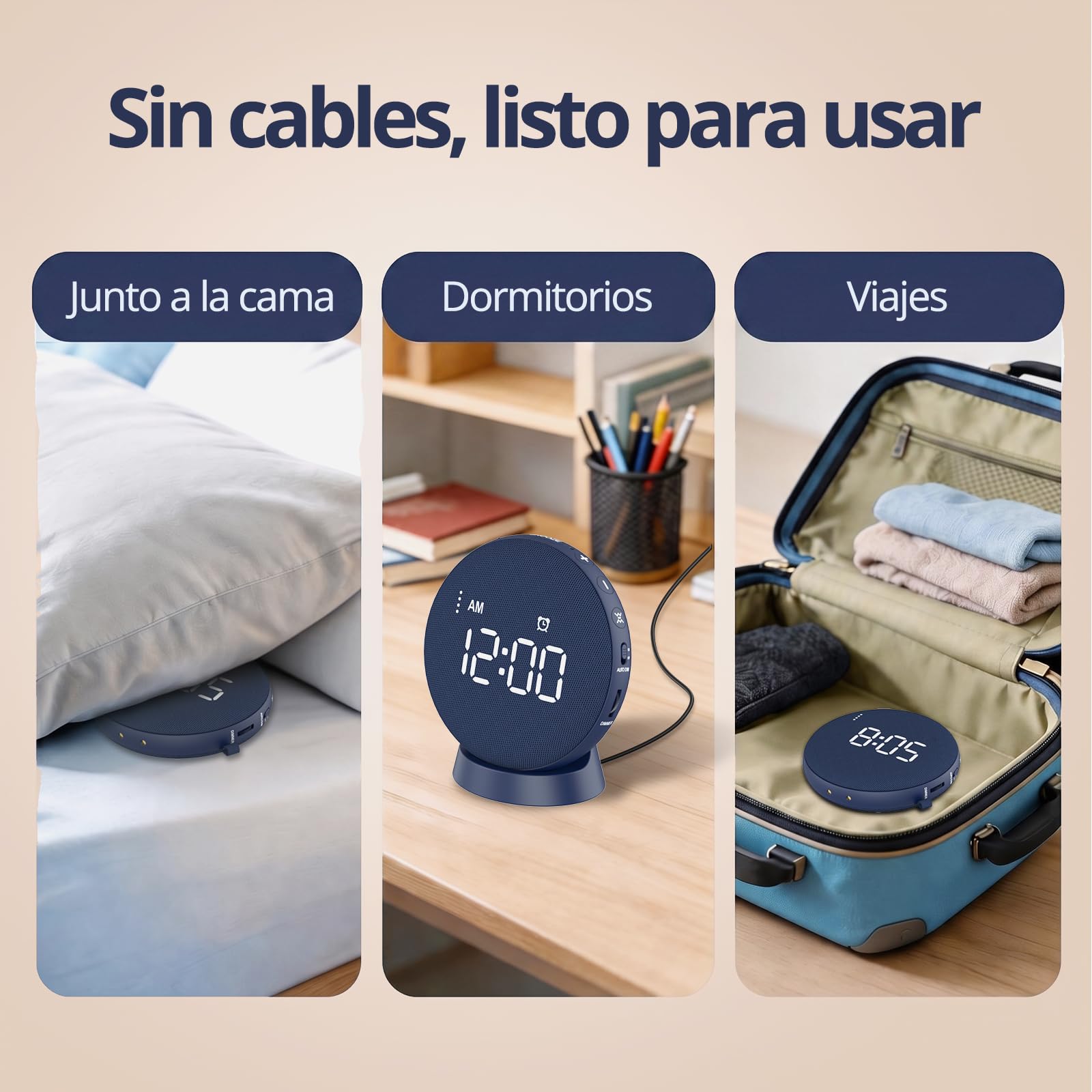 REACHER Despertador vibratorio para dormilones, Despertador Fuerte para Dormitorio, Alarma vibratoria bajo la Almohada, atenuación automática, sin Cables y Recargable, Ideal para sordos