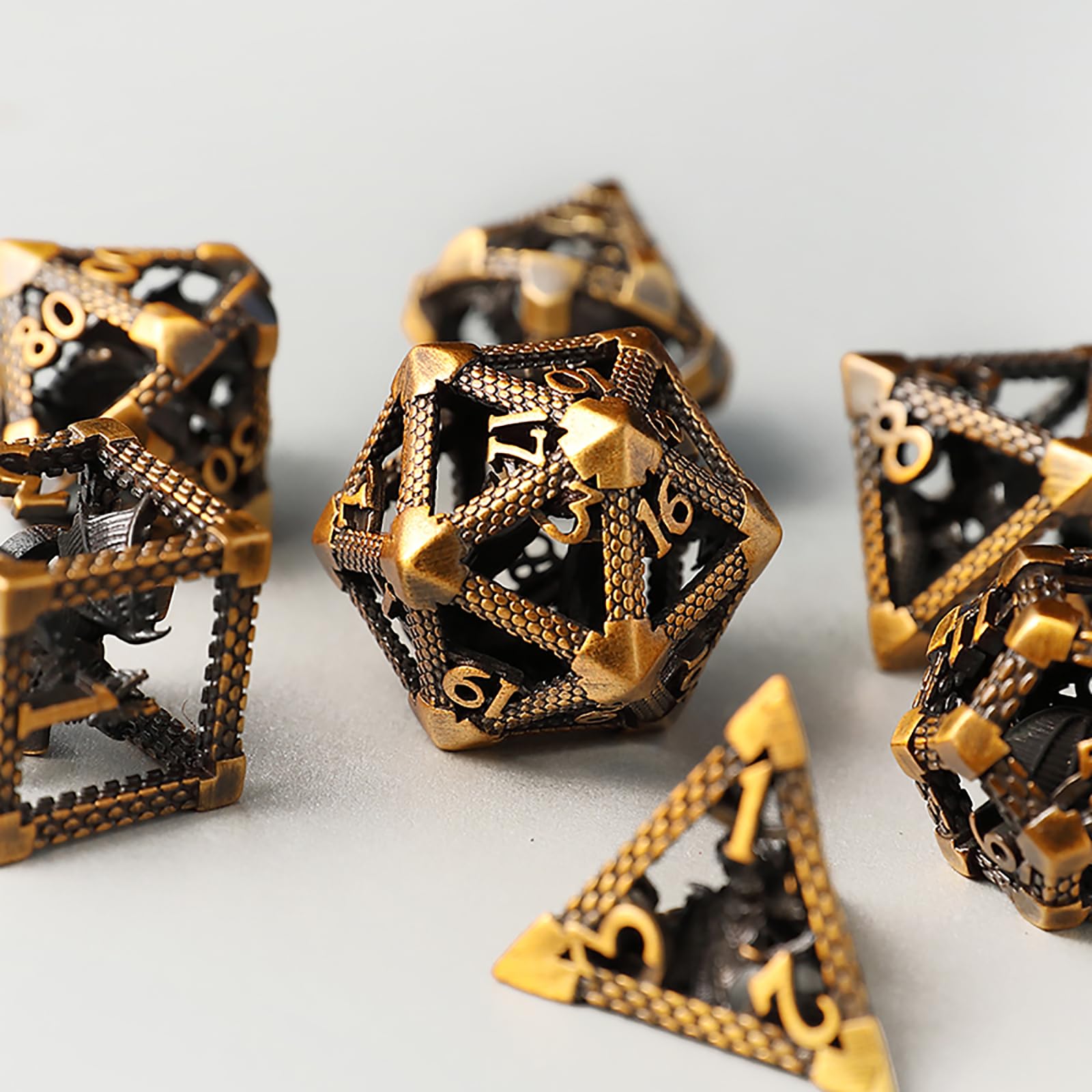 DND 7 Hollow 3D Dragon Metal Dice Set Polyhedral Bronze D20 D12 D10 D% D8 D6 D4 for Dungeons & Dragons RPG
