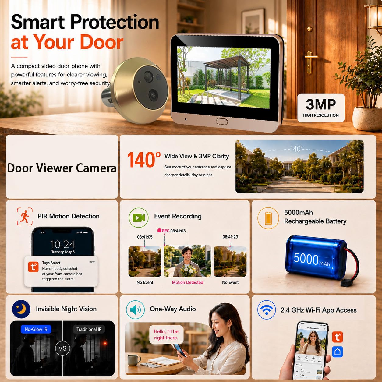 PDG1 WLAN Türspion Kamera mit 3,0 MP mit 4,3 Zoll Farbbildschirm, Digitaler Türspion Kamera mit 32GB Speicherkarte, 5000mAh,140° Weitwinkel mit Nur Microphone,Nachtsicht, AI Bewegungserkennung