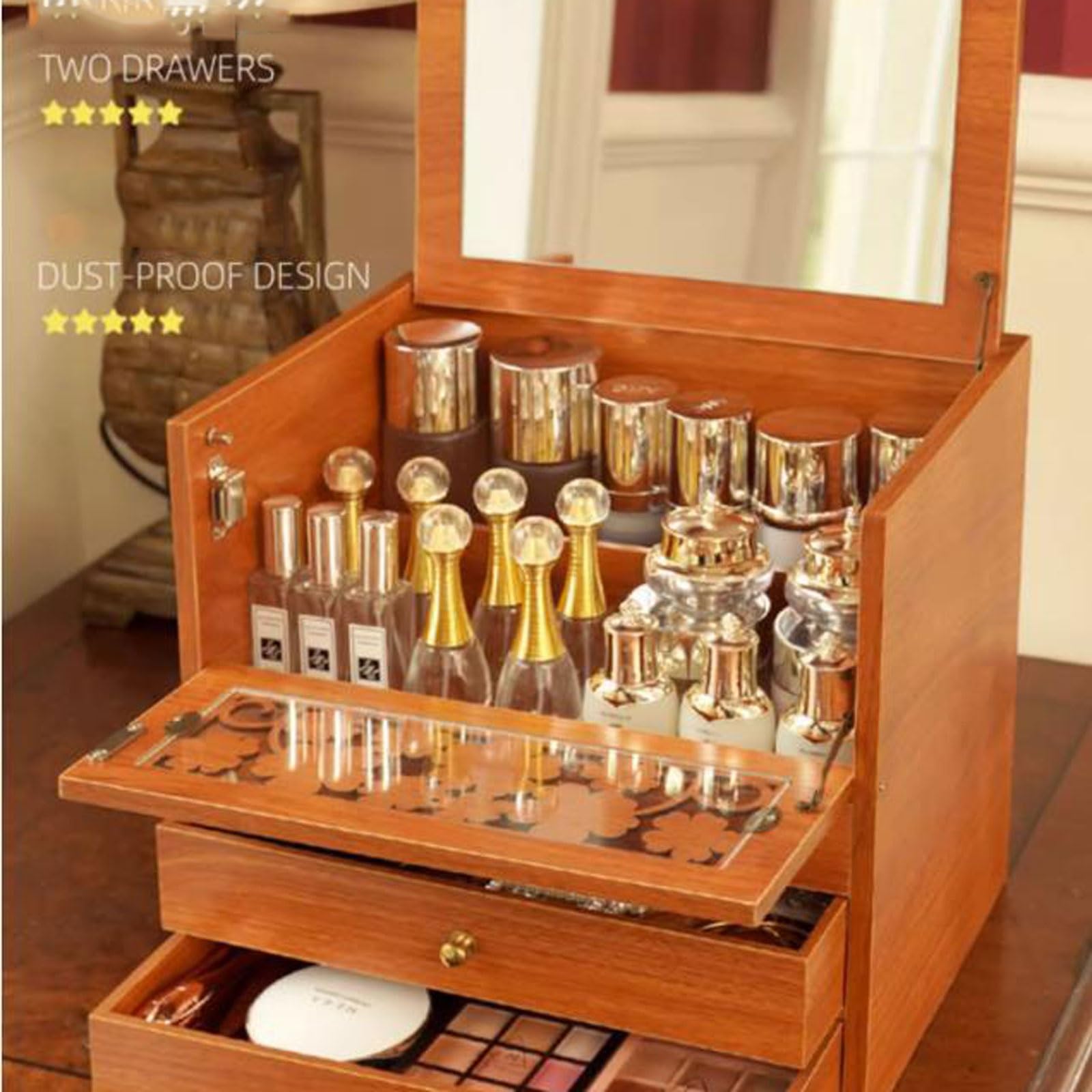 Almacenamiento de cosméticos Organizador de Maquillaje Madera con Espejo y 2 cajones