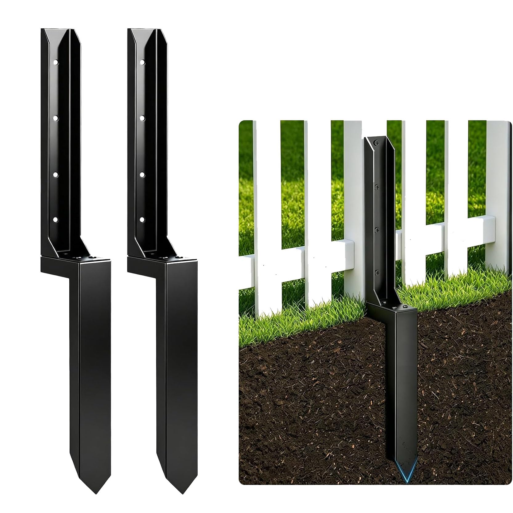 LQSYBHD Fence Post Repair Spikes Kit Ground Post Anchor One-Piece Steel Anchors Stakes for Spike Fix Broken/Leaning Wood Post Heavy Duty Steel Fence Post Repair Stake(Size:2pcs)