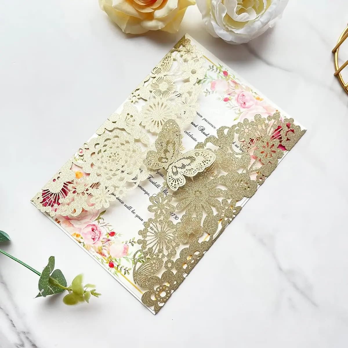 Inviti Matrimonio 5,12 X 7,3'' 50 pezzi Champagne Flora biglietti d'invito for matrimonio con farfalla e buste(Champagne Glitter)