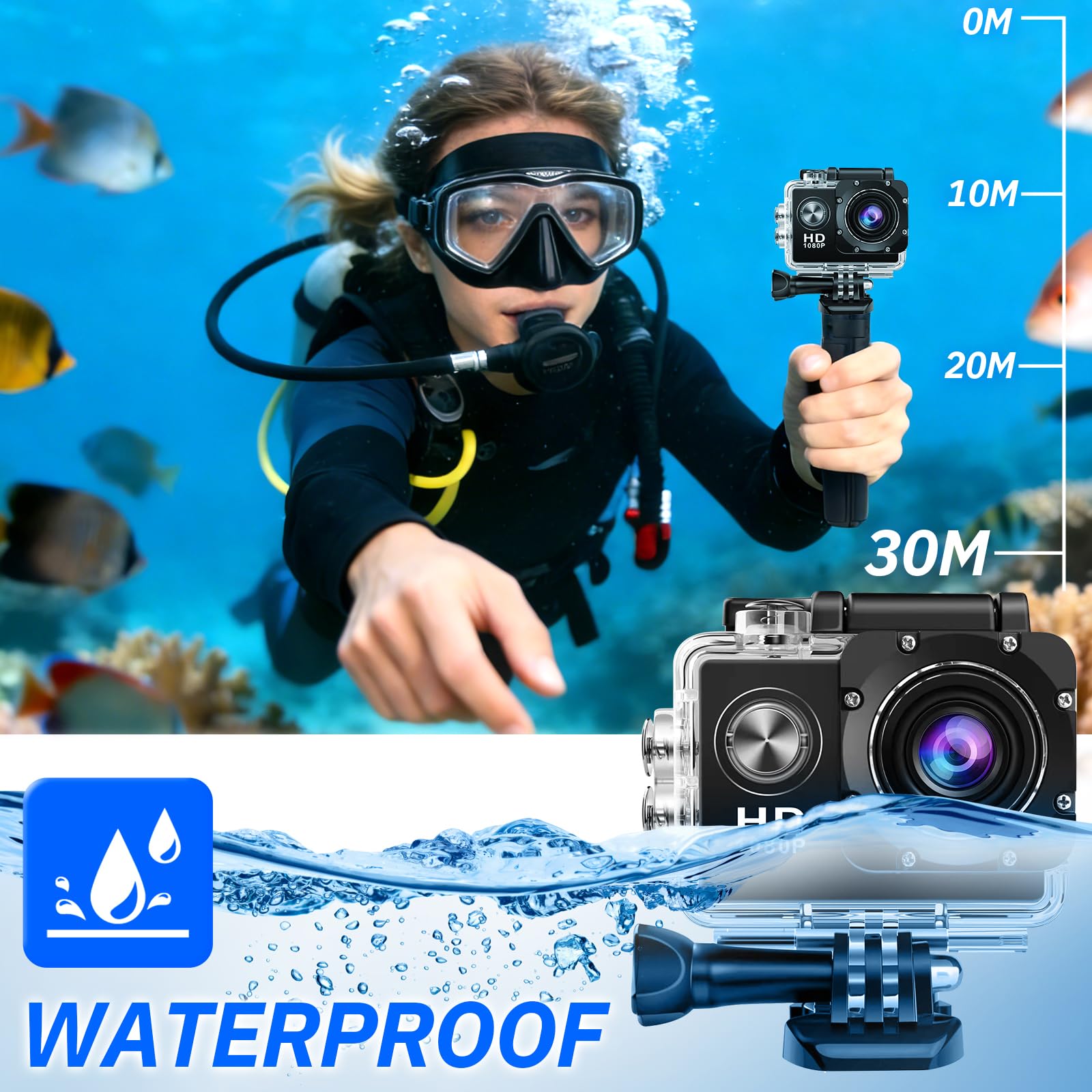 Caméra Sport 1080P Etanche 30M Grand Angle avec Carte Mémoire 32GB et Deux Piles Rechargeables 900mAh