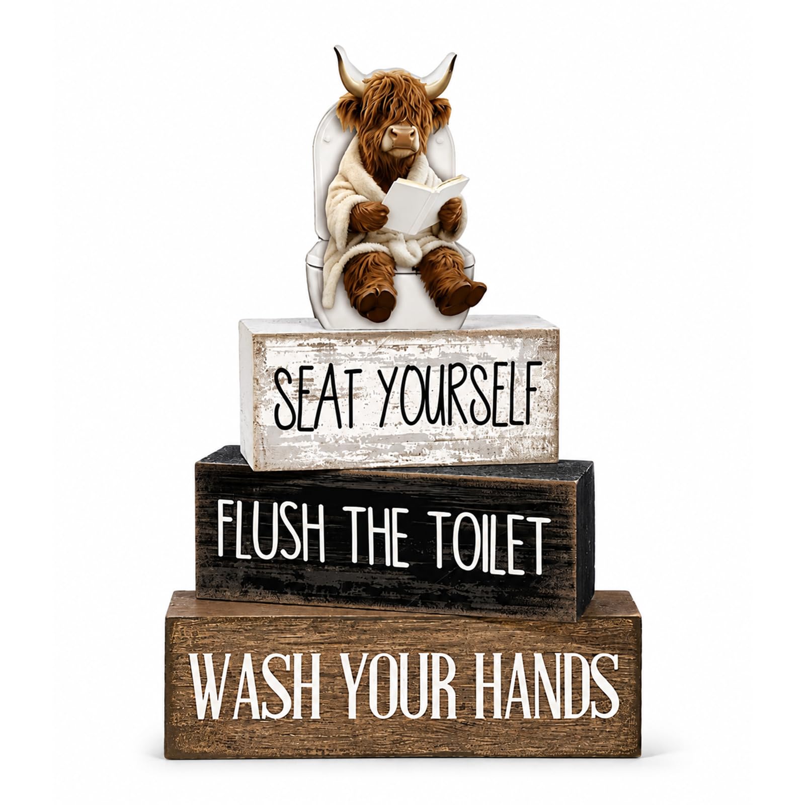4Pcs Highland Cow Bathroom Decorations,Stylish Bathroom Ornaments, Accessories Toilet Highland Cow Table Centerpiece Decoration for Home Office, Rustic Bathroom Table and Countertop Decorations