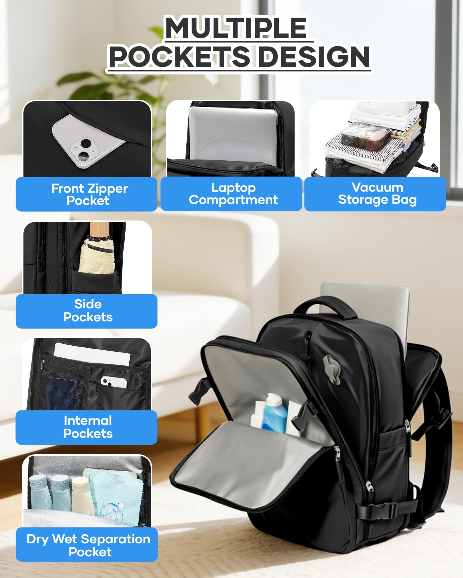 HPLQQ Zaino Sottovuoto da Viaggio con Pompa Borsa da Cabina per Easyjet Aereo Bagaglio a Mano Impermeabile Lavoro e Scuola Trekking Casual Daypack per 14" laptop,F01-Nero