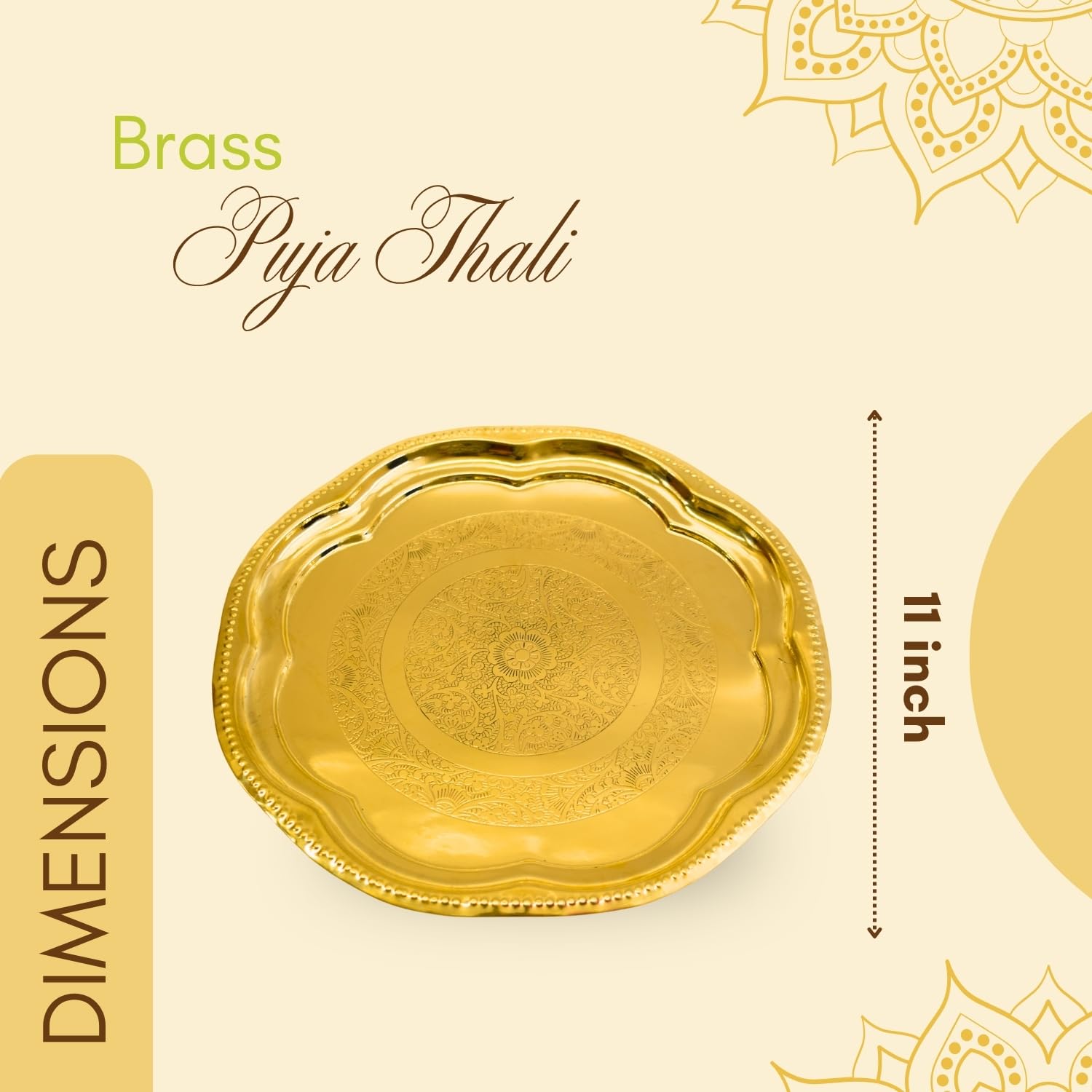 Vedic Charya Brass Puja Thali Set 11 Inch Flower Shape – Golden Traditional Plate Worship, Decorative Indian Religious Festivals Thali