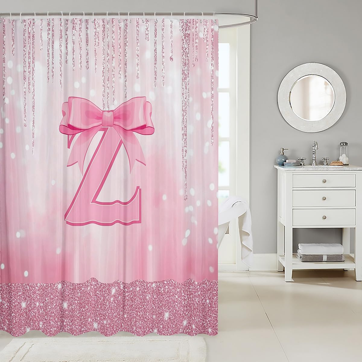 Feelyou Boys Girls Pink Bowknot Bath Curtain Personalized Initial Z image 2