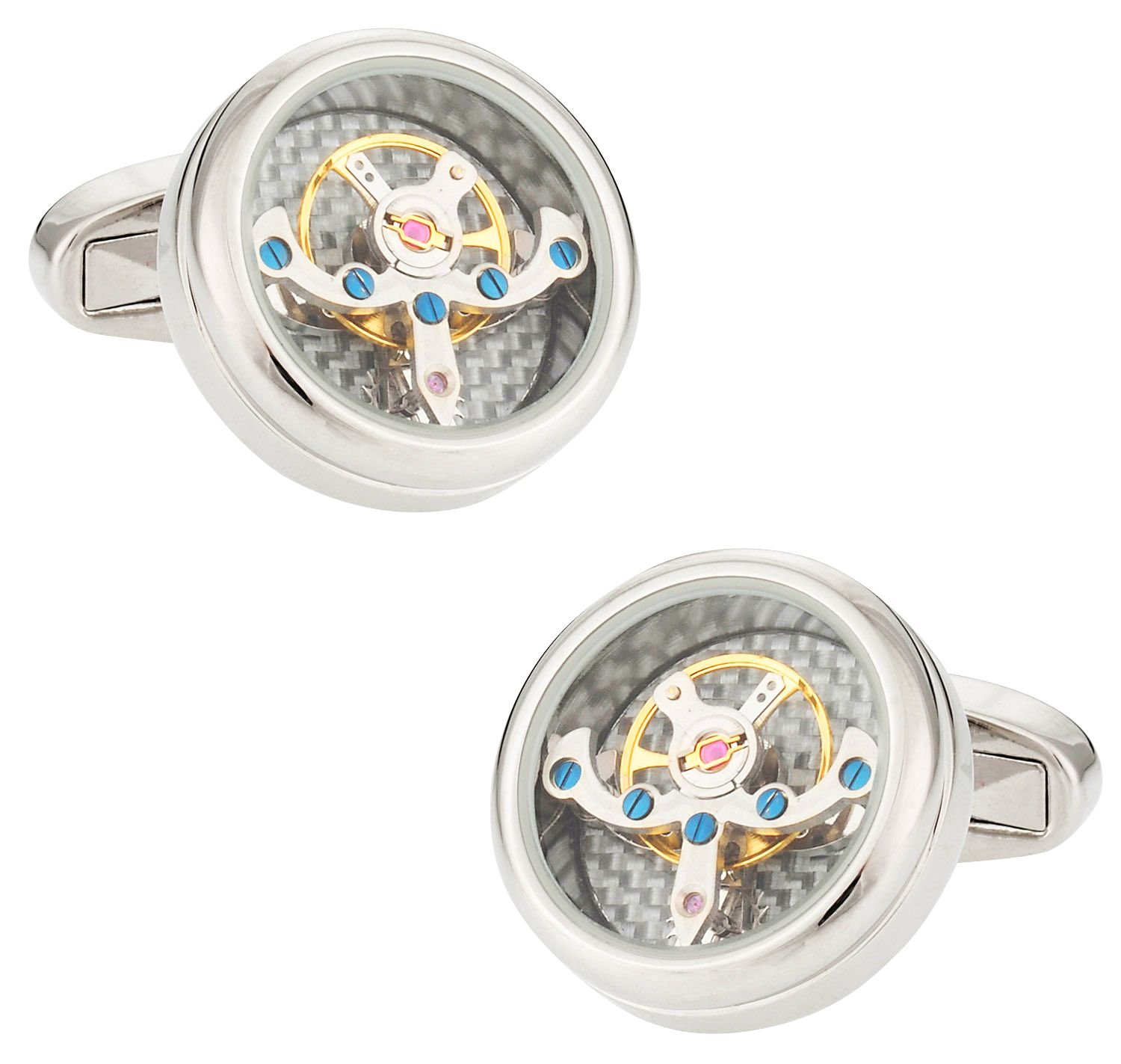 Cuff-Daddy Silver Tourbillon Carbon Fiber Watch Cufflinks Working Steampunk with Presentation Box