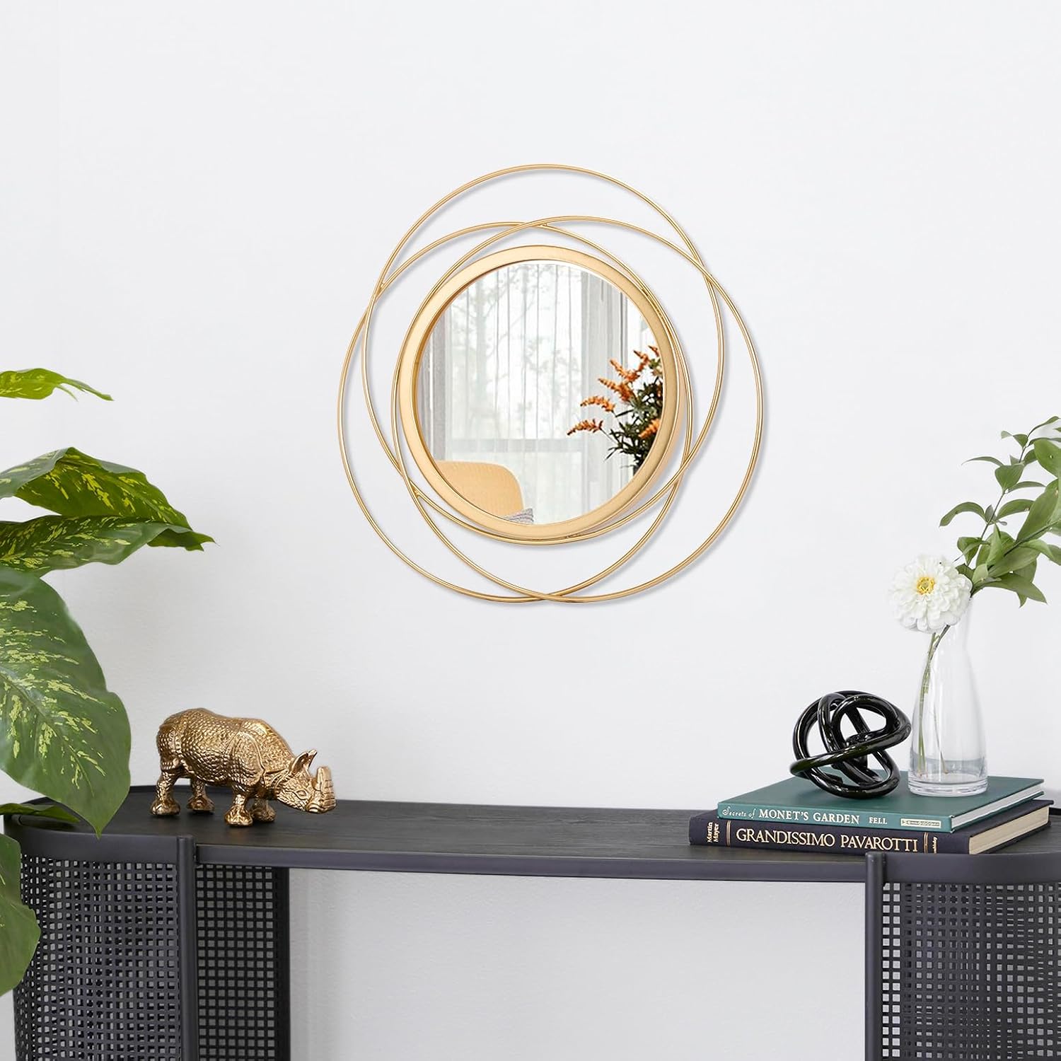 Gold Art Circle Mirror for Wall with Iron Metal Wire Frame Wall-Mounted Mirror for Home Decor Living Room Bedroom Bathroom Entryway Small 12" image 2