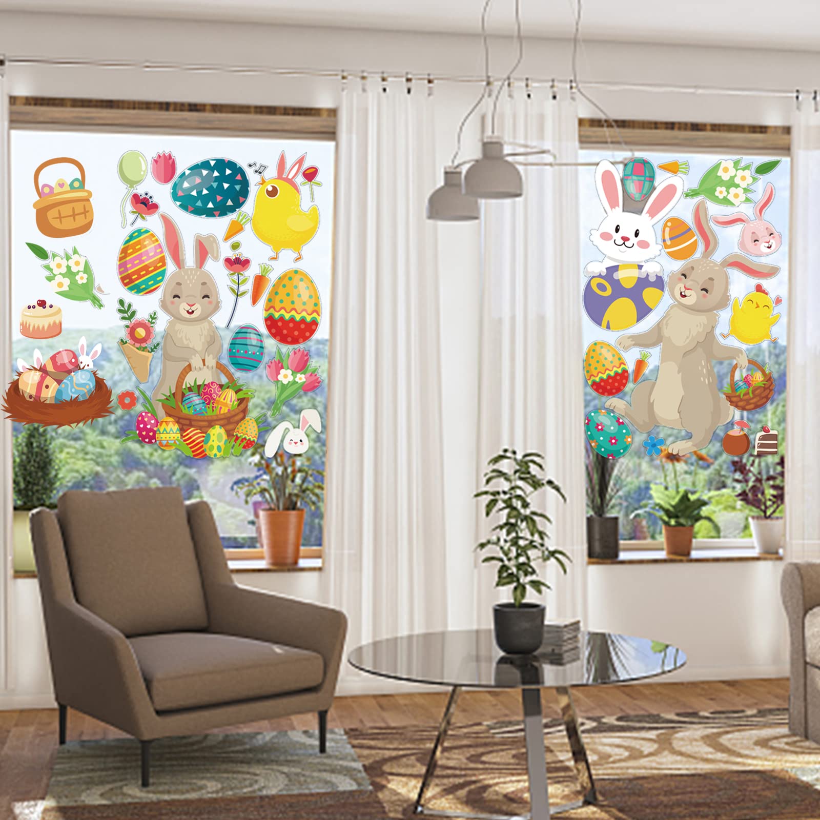 Graz Design - Adesivi Per Finestre Pasqua Con Coniglietti E Uova - 9 Fogli Riutilizzabili, 80 Elementi - Decorazione Primaverile