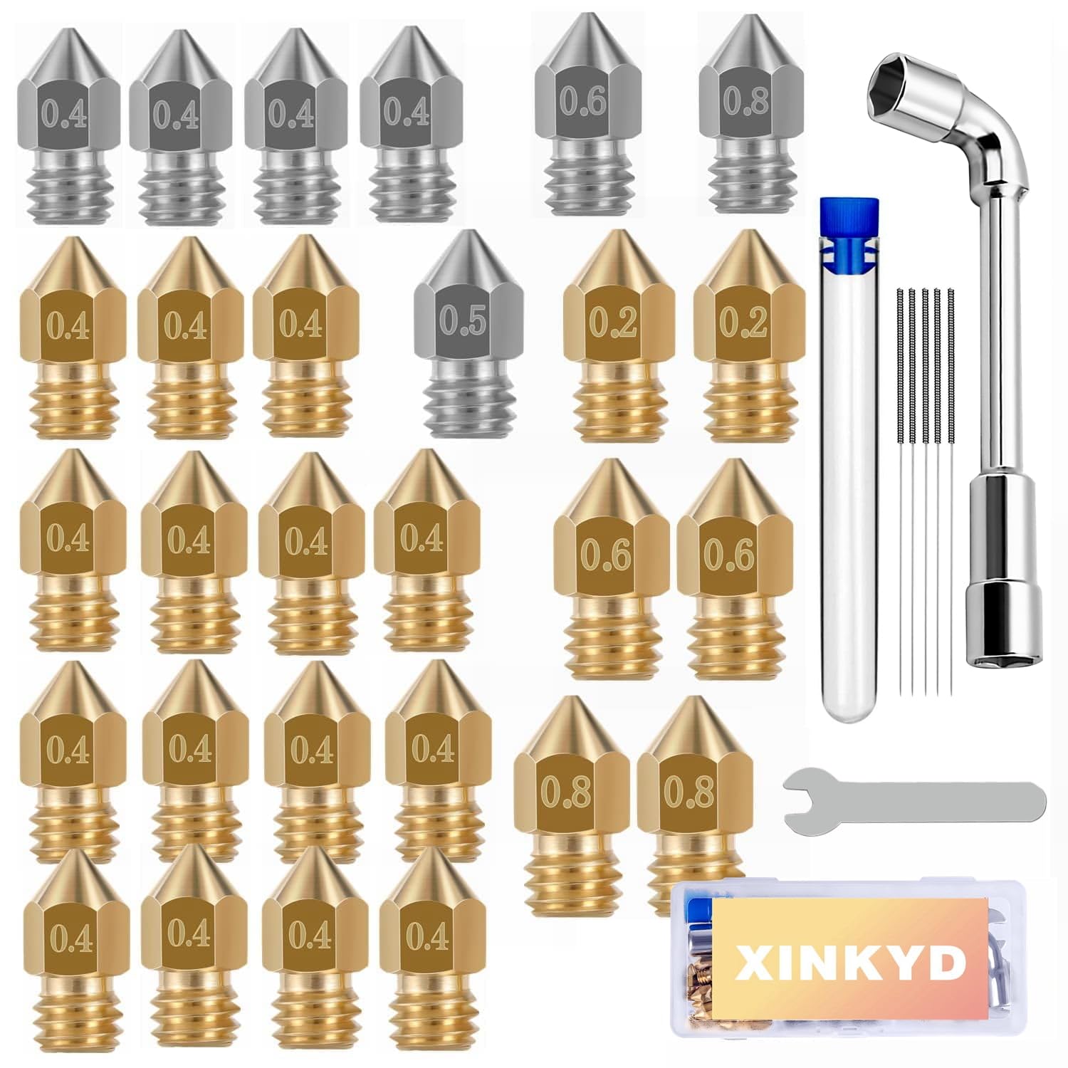 Zestaw 28 dysz do drukarki 3D, MK8 Nozzle 21 x mosiężne dysze + 7 x dysze ze stali nierdzewnej 0,2 mm 0,4 mm 0,6 mm 0,8 mm z narzędziem do czyszczenia dysz do CR-8 / CR-10 / Ender 3 / Ender 3S / 5/6