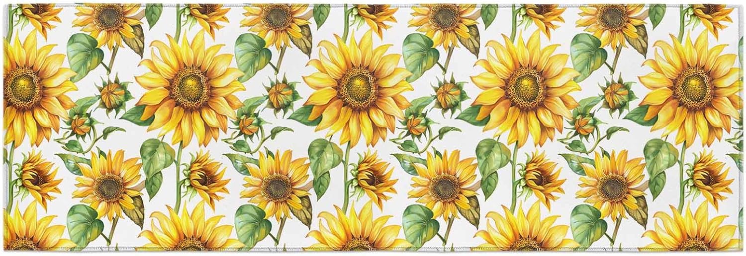 Kitchen Mats for Floor Yellow Sunflower Spring Watercolor Flower Washable Non Slip Kitchen Rugs 1PCS, Summer Green Leaves Absorbent Standing Mats for Sink Bathroom Office Living Room 15.7x47.2in