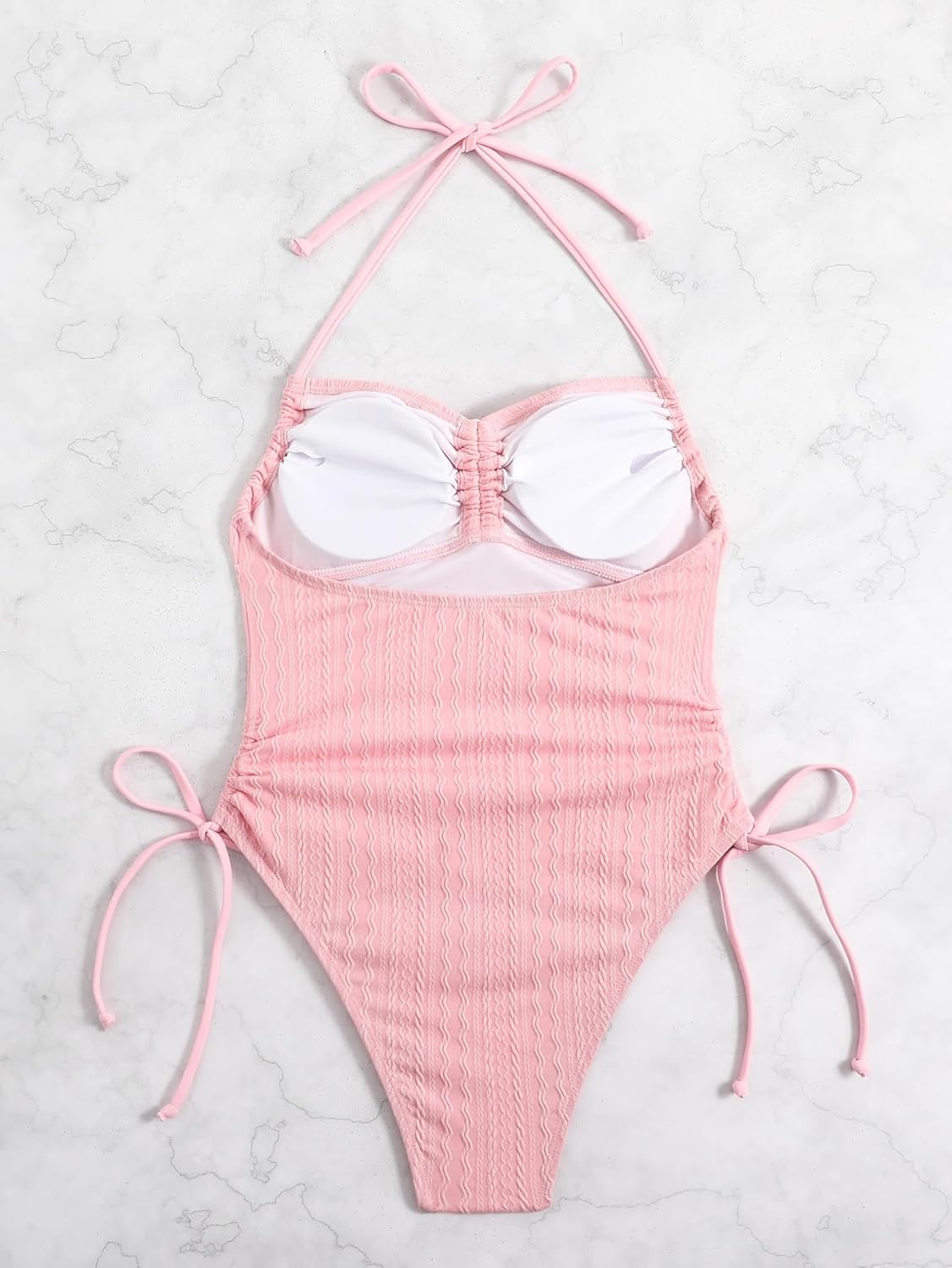 BEAUDRM Women's Solid Drawstring Halter Tie Side One Piece Swimsuit Y2K Ruched Bathing Suits Backless Swimwear Beachwear