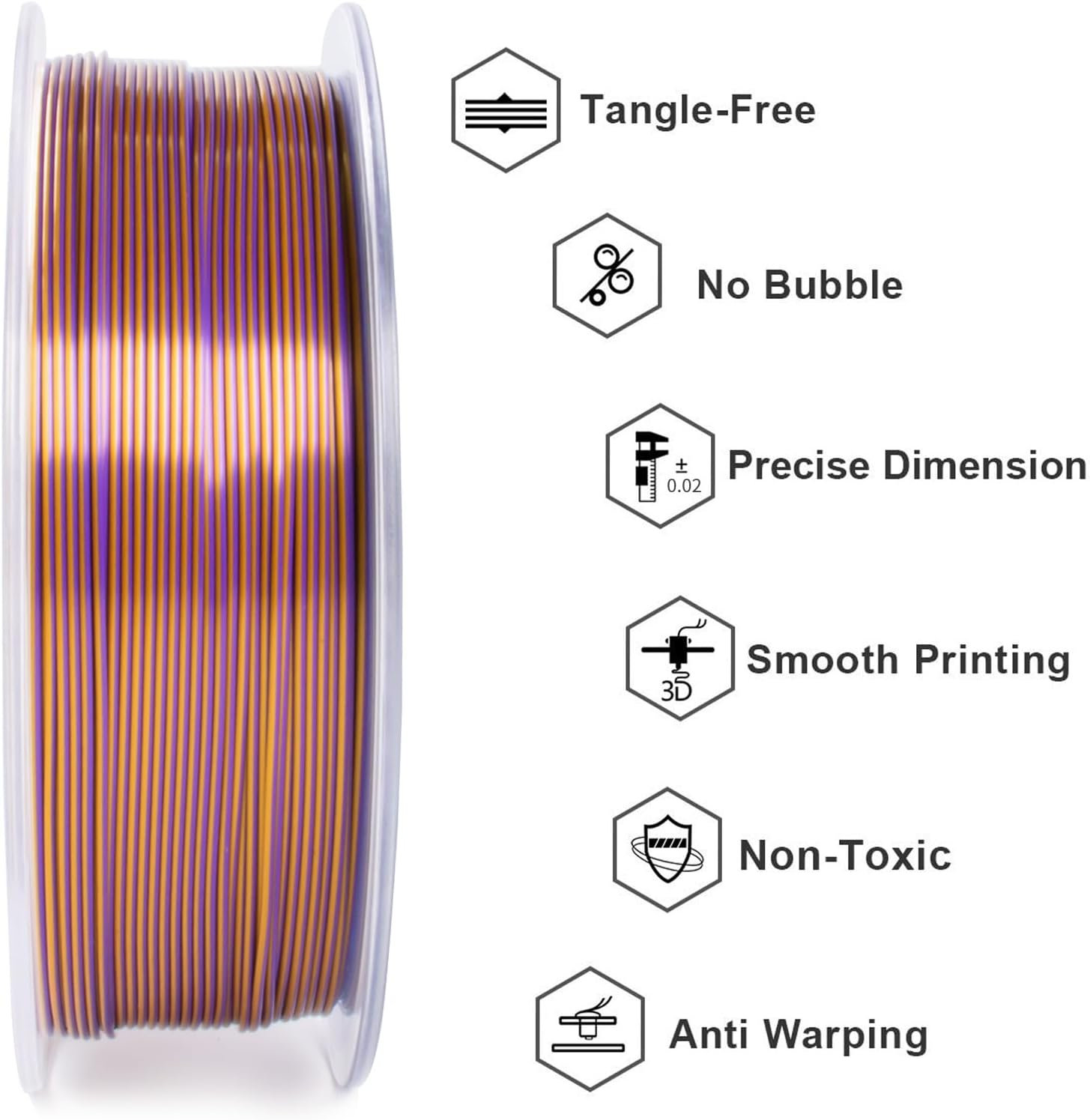 Geeetech Silk PLA Filament 1.75mm Silk Dual Color Filament, Coextrusion Dichromatic Metal-Like Shiny Consumable 1kg (2.2lbs) 1 Spool, Dimensional Accuracy +/- 0.02 mm, Gold Purple