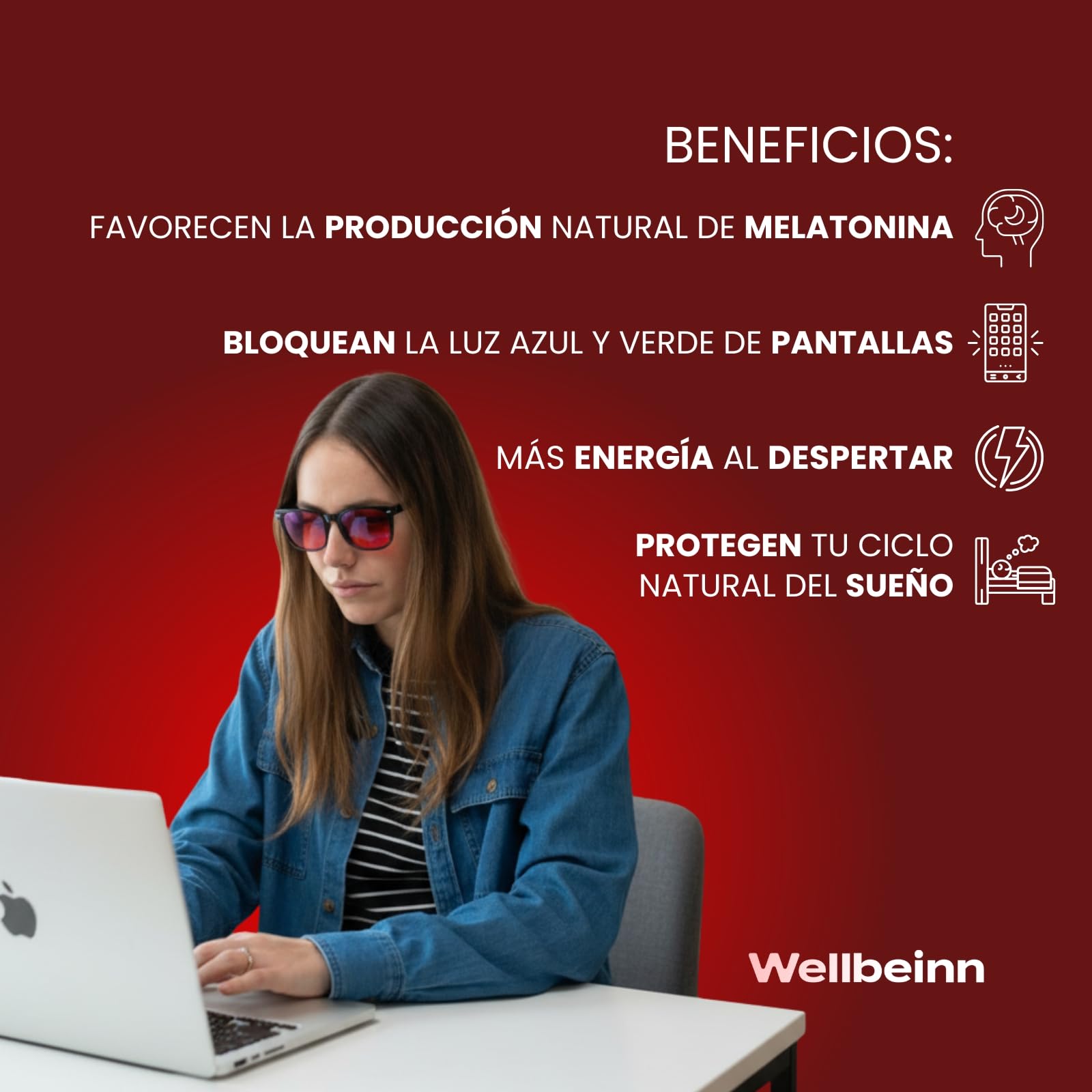 WELLBEINN Gafas Unisex Luz Roja | Filtro Luz Azul (400-500nm) y Verde (500-560nm) | Gafas para Uso Nocturno y Pantallas | Antifatiga Visual y Visión Nítida | Sueño Profundo y Reparador