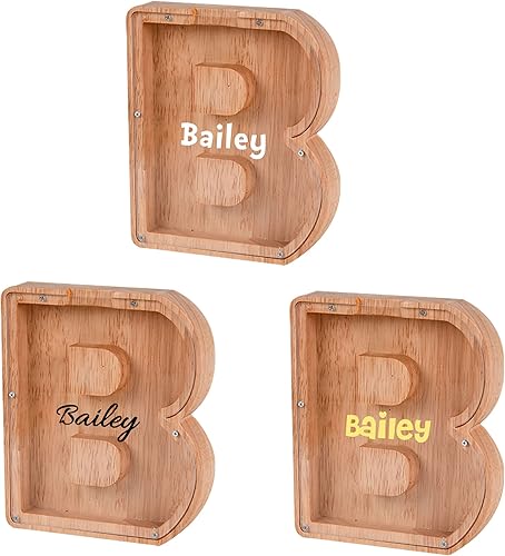 Alcancía personalizada con texto multicolor grabado, caja de dinero personalizada de madera con inicial para niños y niñas, regalo de Navidad,