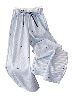 OYOANGLE Womens Plus Size Bow Striped Wide Leg Pants Double Waisted Lightweight Lounge Trousers