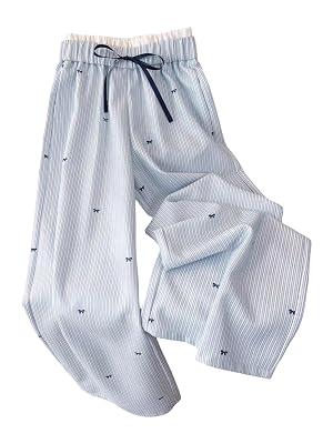 OYOANGLE Womens Plus Size Bow Striped Wide Leg Pants Double Waisted Lightweight Lounge Trousers