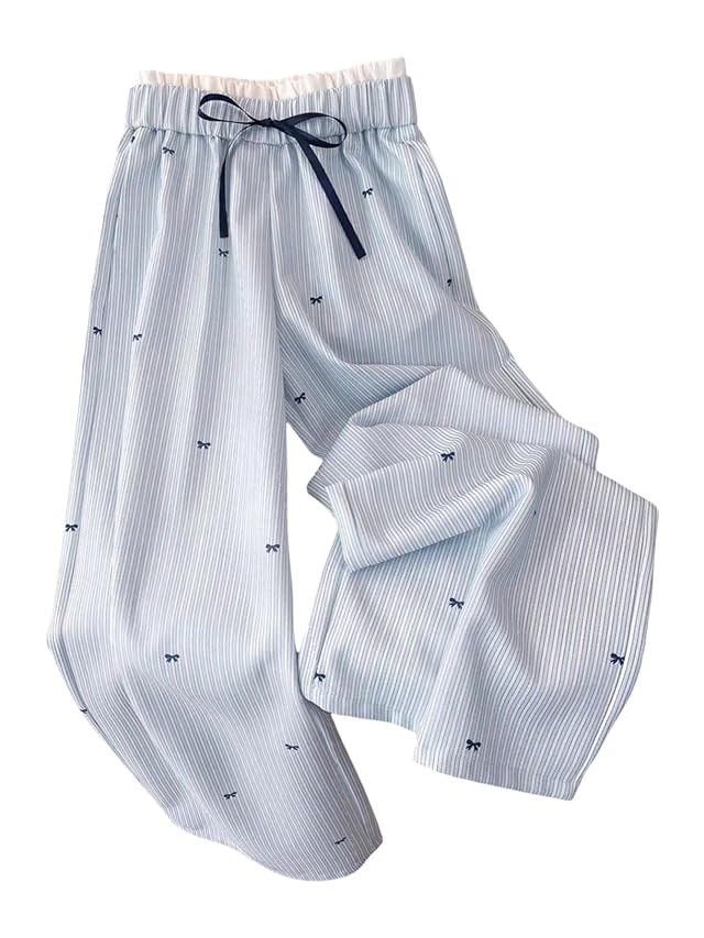OYOANGLE Womens Plus Size Bow Striped Wide Leg Pants Double Waisted Lightweight Lounge Trousers