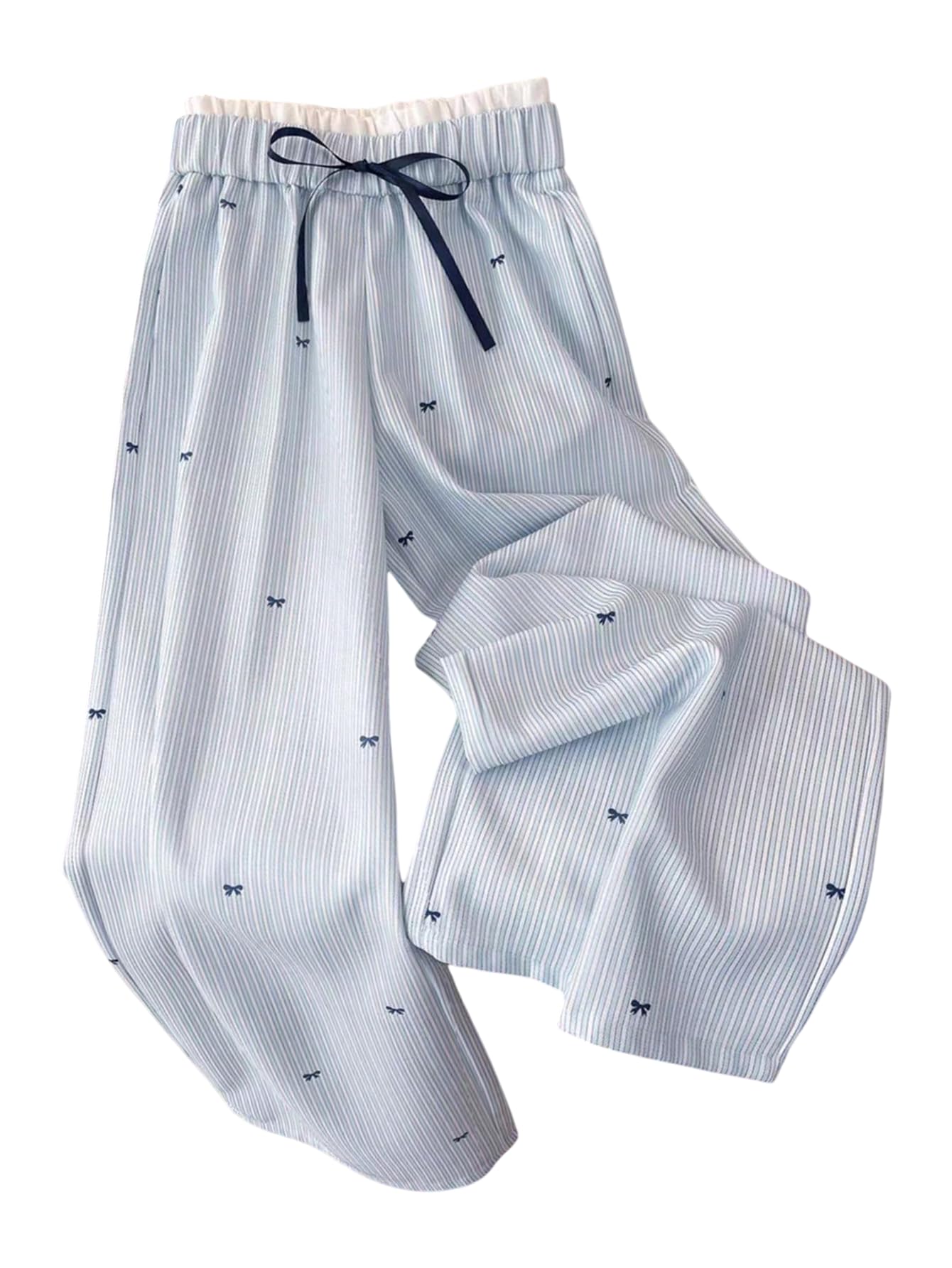 OYOANGLE Womens Plus Size Bow Striped Wide Leg Pants Double Waisted Lightweight Lounge Trousers