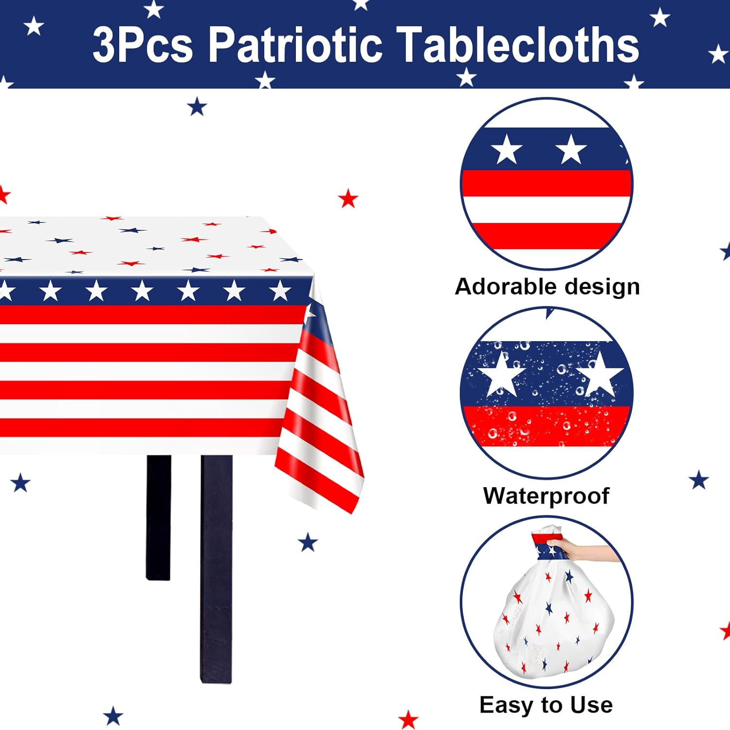 3 pcs Patriotic Tablecloths Red White and Blue Plastic Tablecloth Disposable 108 x 54 inch Birthday Memorial Day 4th of July Indoor Outdoor Labor Day Decorations