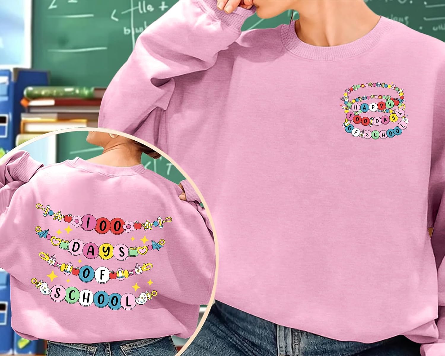 100 Days of School Sweatshirt for Women Teacher Graphic Sweatshirts School Days Long Sleeve Pullover Tops