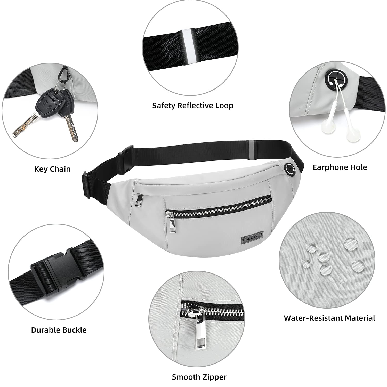 MAXTOP Marsupio Uomo Donna Unisex, Marsupio Impermeabile, con Jack per Cuffie e 4 Tasche con Cerniera, Cintura Regolabile per Allenamento all'aperto, Escursionismo