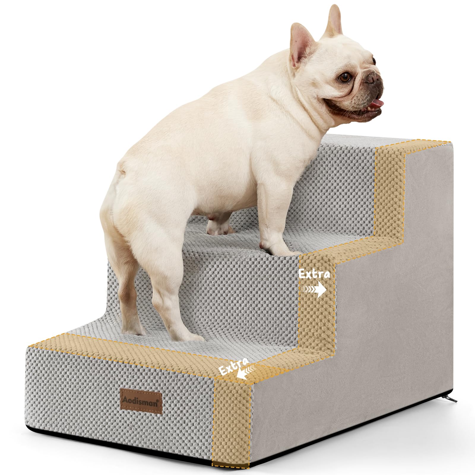 Aodisman Dog Stairs for Small Dogs &amp; Cats, 3-Step Extra Wide Non-Slip Pet Steps for Couch Sofa and Chair, Light Grey, 15.7" H