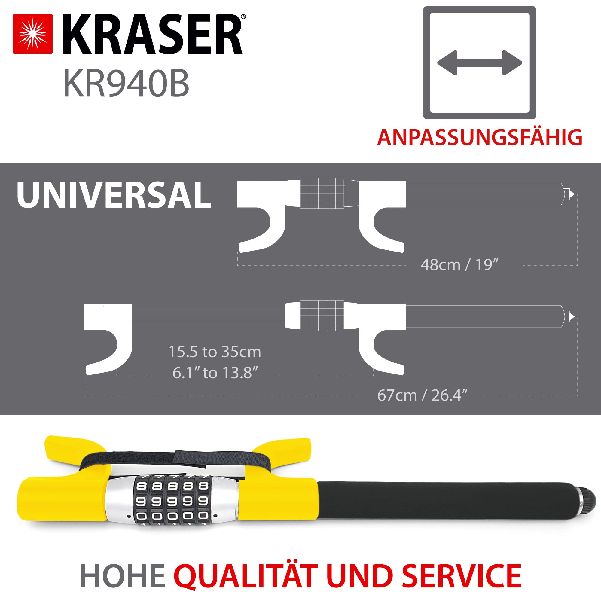 KRASER KR940B Lenkradkralle mit Zahlenschloss Maximale Sicherheit, Robust Lenkradschloss mit Nothammer, Lenkradsperre Wohnmobil, Universal Wegfahrsperre Diebstahlsicherung für Auto PKW