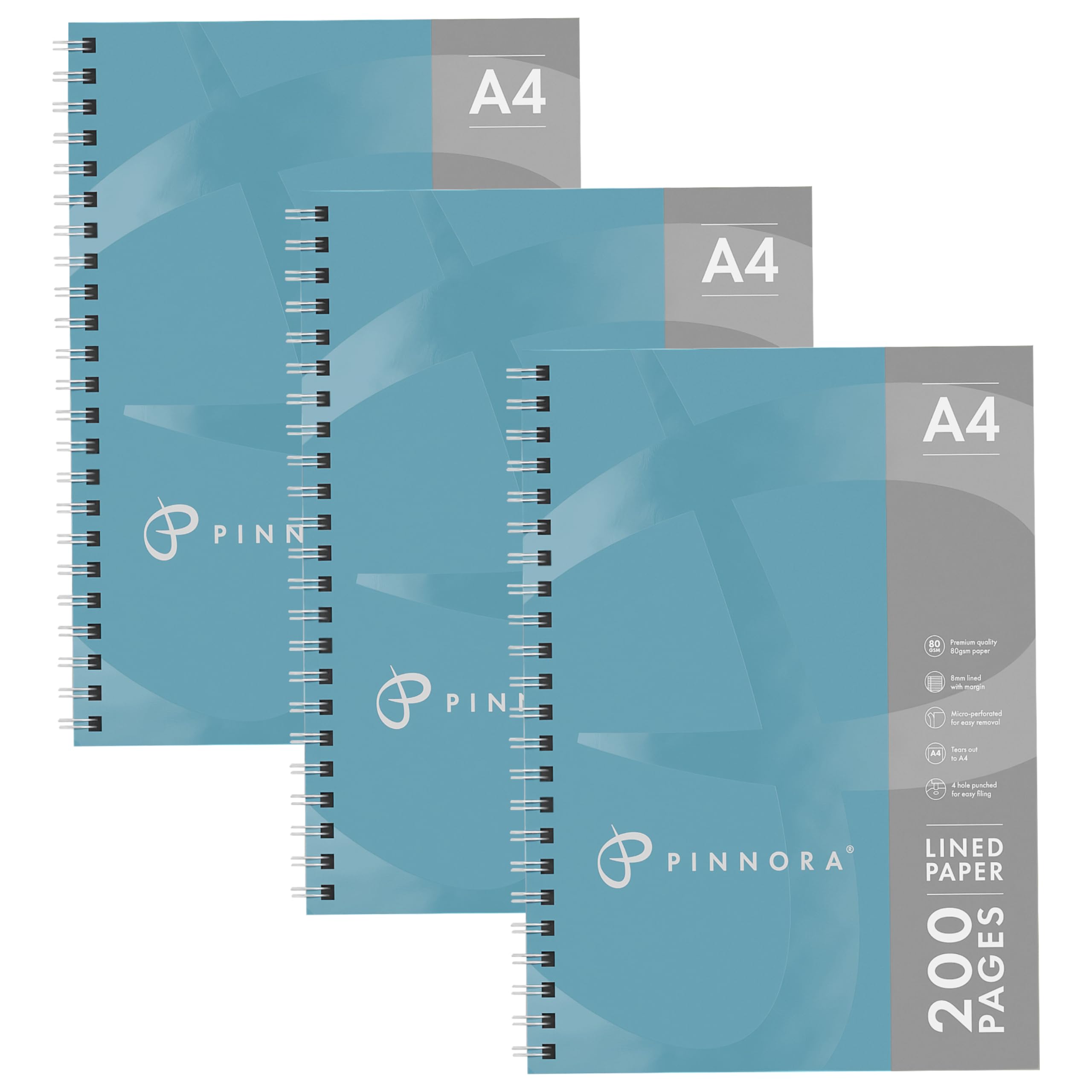 Pinnora A4 Notebook Pack of 3, Wirebound Notepad, Perforated Paged Note Book for Easy Tearing, Notebook with Lined Pages, 3x Notepads, 8mm Line Writing Pad