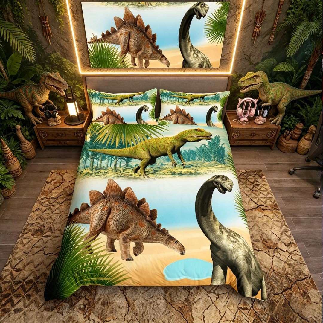 Homemissing Dinosaur Bedding & Linen for Men Teens Boys Tropical Leaves Bedding Set Kids Duvet Cover Set Microfiber Zipper Animals Ptint Bedding & Linen 3 Pcs Double Size, Multicoloured 32 — image 1