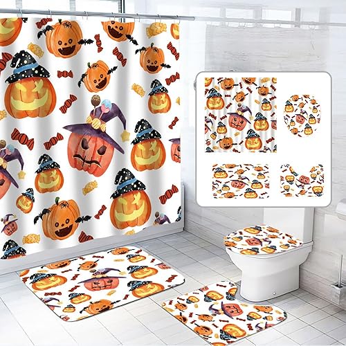 Juego de 4 cortinas de ducha con diseño de calabaza y cara sonriente de Feliz Halloween, tapete antideslizante para asiento de inodoro, juego de 4